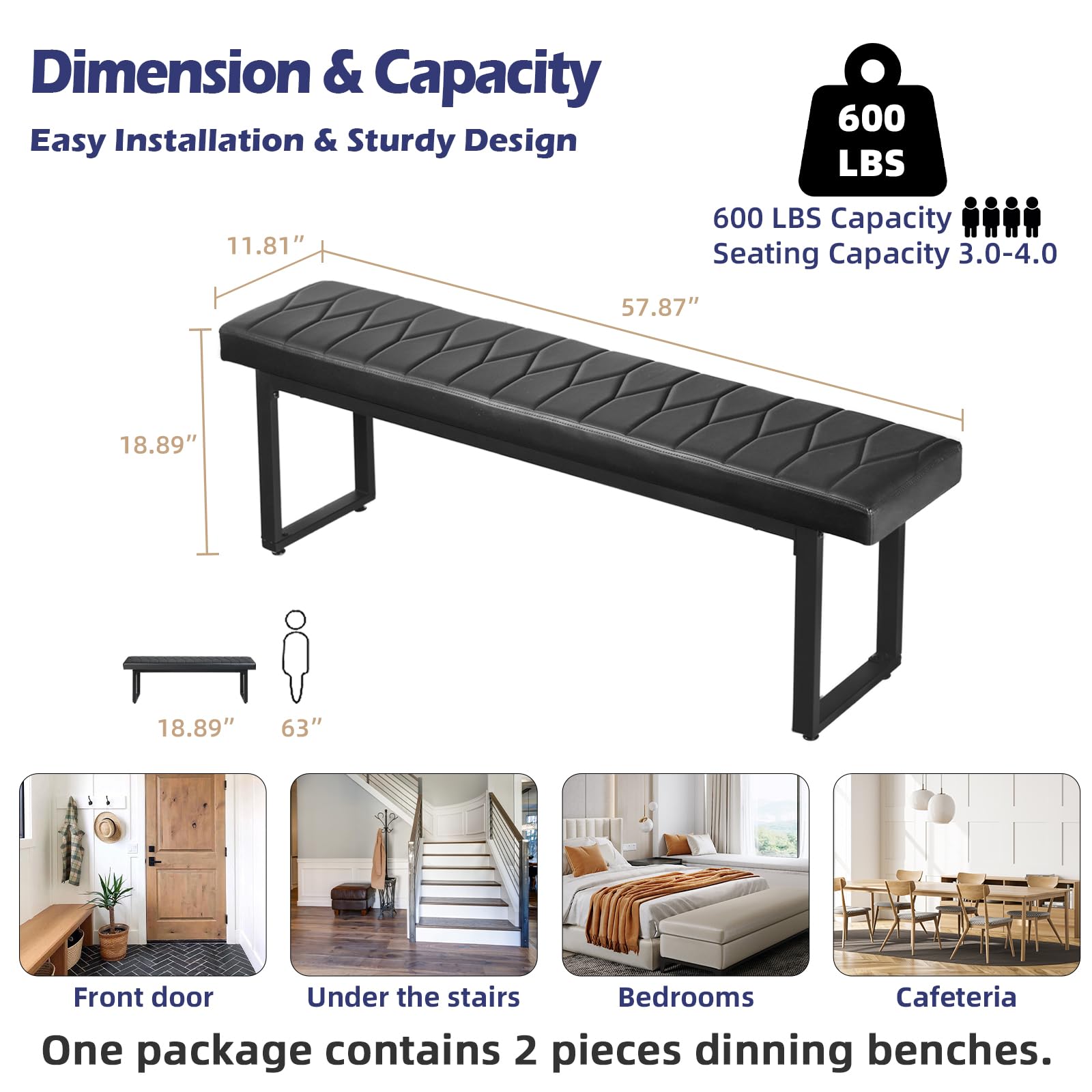 58" Faux Leather Dining Bench Set of 2, Indoor Cushioned Benches for Entryway, Bedside, Dining Room