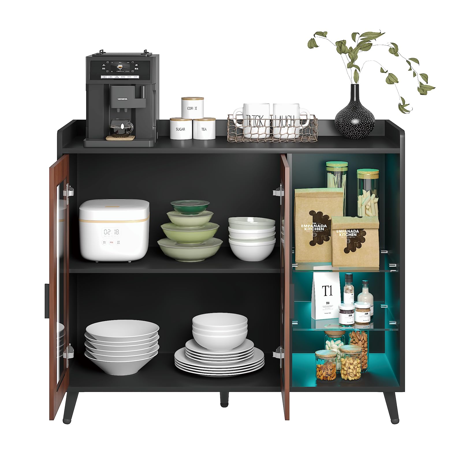 FURNIXI Sideboard Buffet Cabinet with Storage, Modern LED Coffee Bar Console with Glass Shelves & Acrylic Doors, for Dining Room