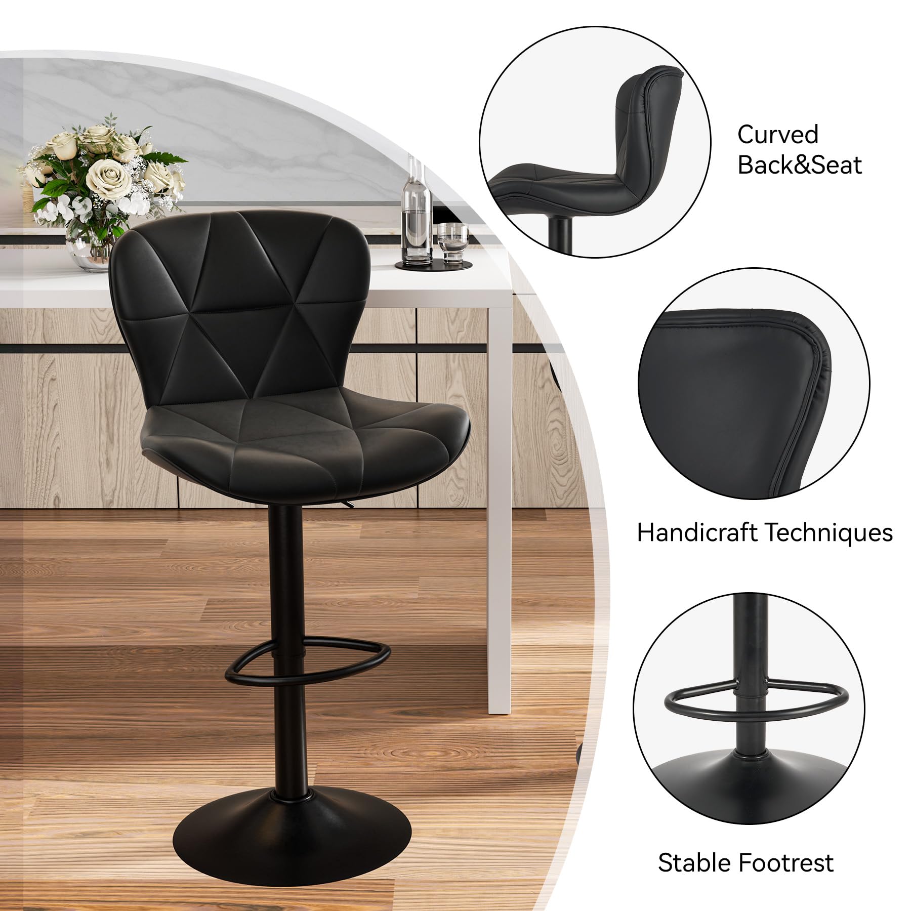 Bar Stools Set of 2, Adjustable Faux Leather Upholstered Swivel Chairs with Back, Counter Height Barstools for Kitchen, Black