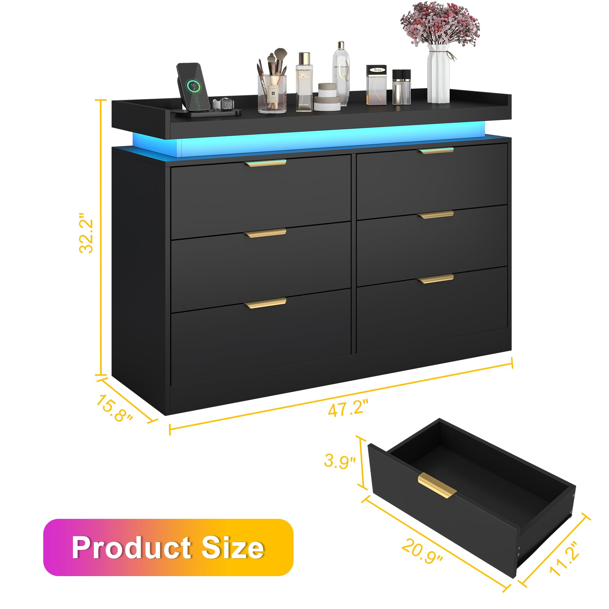 6-Drawer Black Dresser – LED Lights & Power Outlet, Modern Wide Storage Organizer for Bedroom, Entryway or Closet