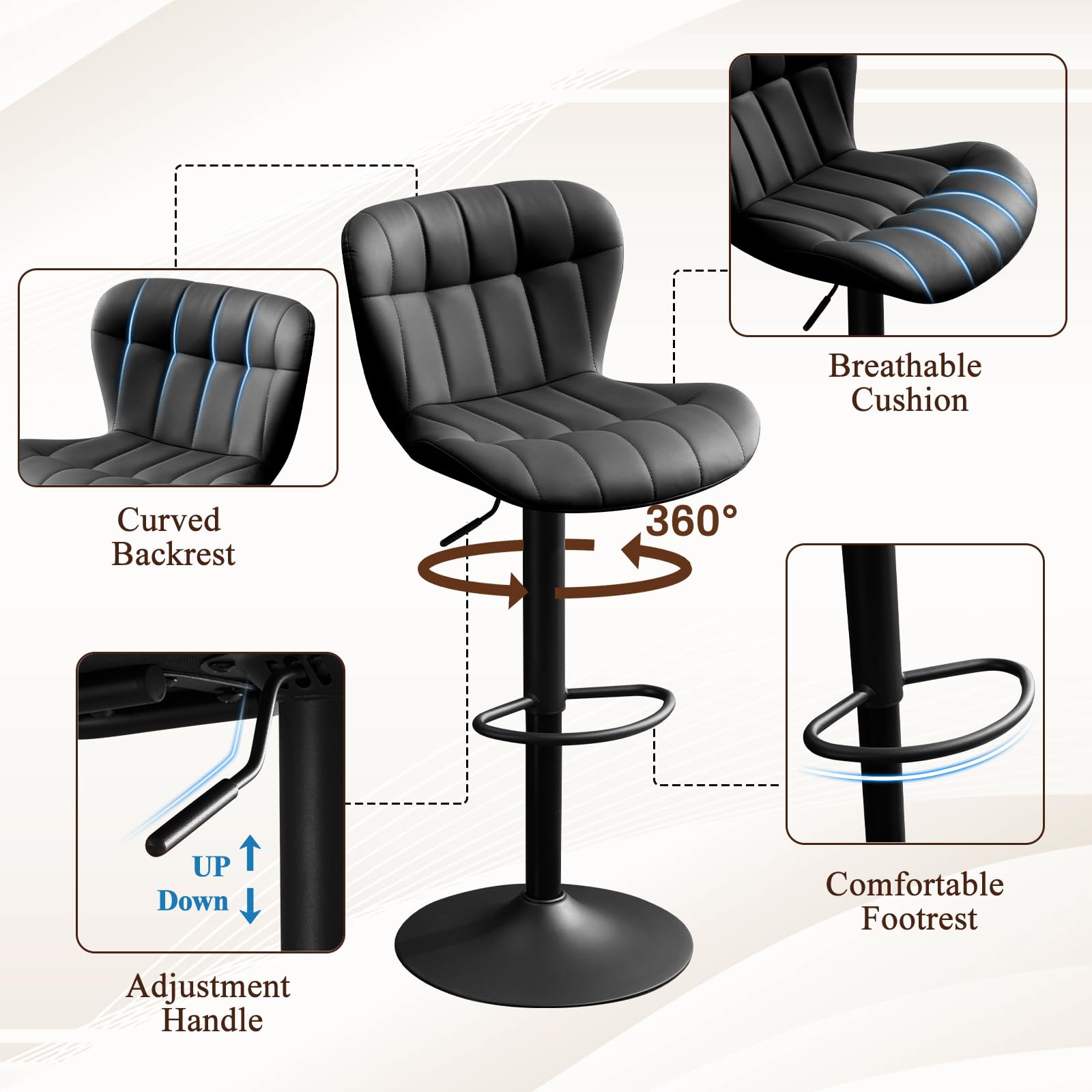 Modern Barstools Set of 2, Faux Leather Swivel Bar Stools with Backs for Kitchen Island, Upholstered Bar Height Chairs, Black