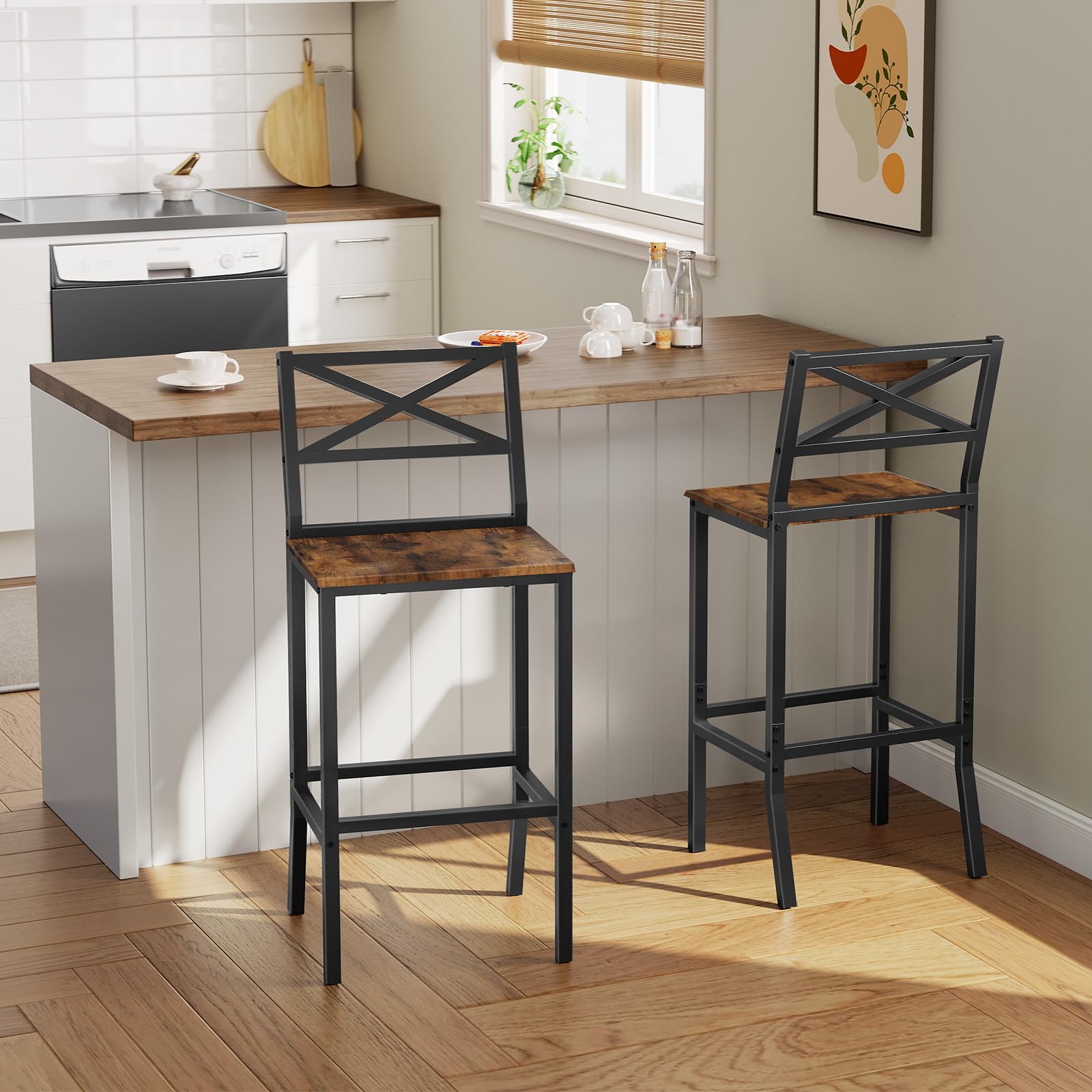 Bar Stools Set of 2, 26" Counter Height Chairs with Backrest & Footrest, Easy Assembly Kitchen Breakfast Bar Chairs, Rustic Brown