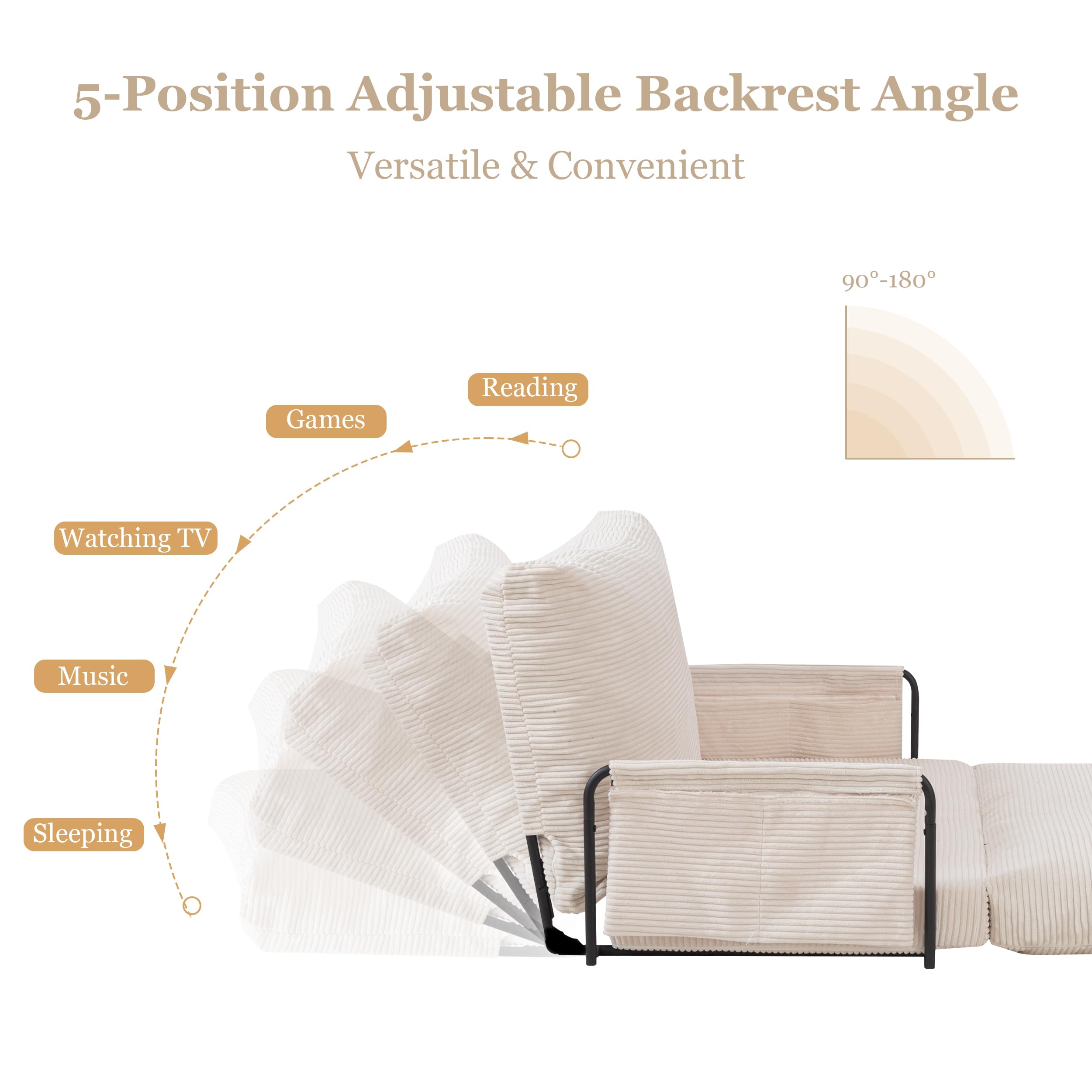 Convertible Lazy Floor Sofa Bed, 5-Position Sleeper Chair with Armrests for Reading, Gaming & Lounging