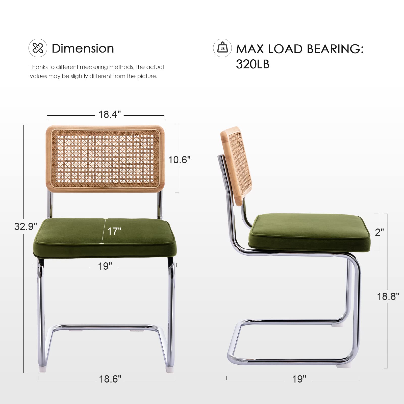 Set of 2 Rattan Dining Chairs, Green Velvet Upholstered Boho Kitchen Chairs with Wood Back & Chrome Base