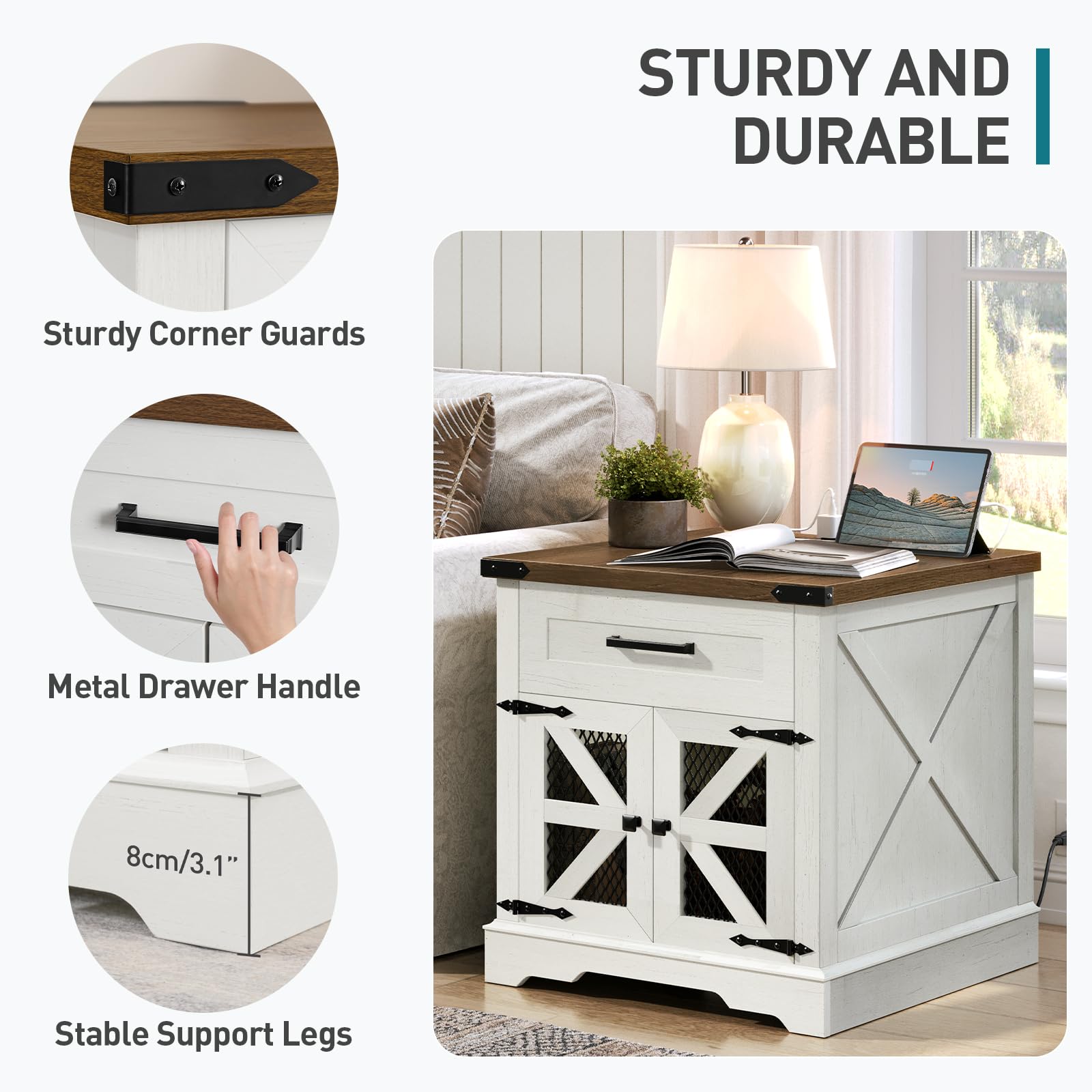 White Farmhouse End Table Set of 2, Large Square Sofa Side Table with Drawer & Charging Station