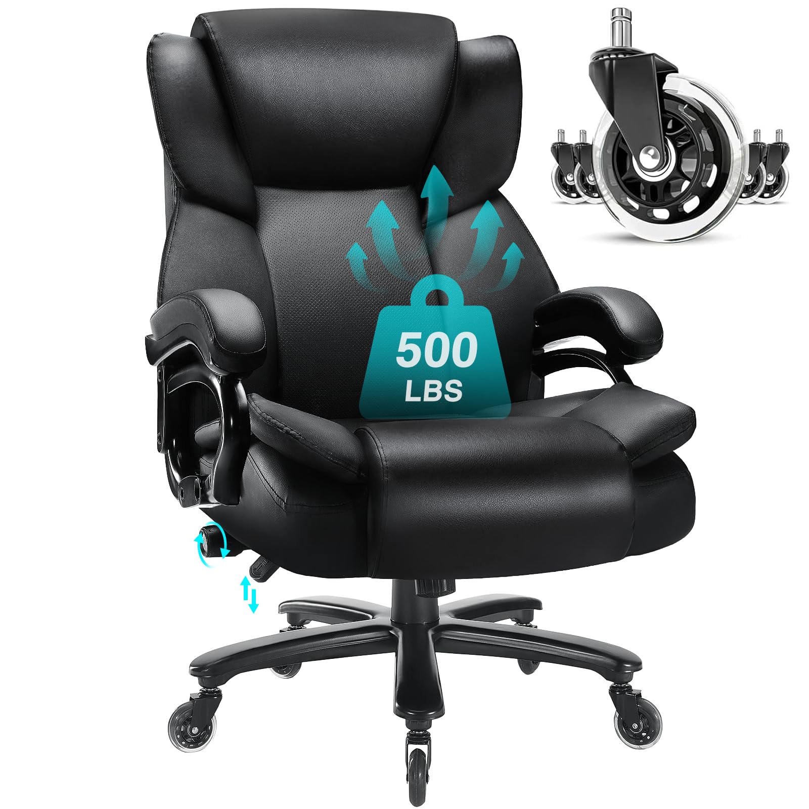 500lbs Big & Tall Office Chair, Heavy Duty High-Back Executive Desk Chair with Lumbar Support & Quiet Wheels