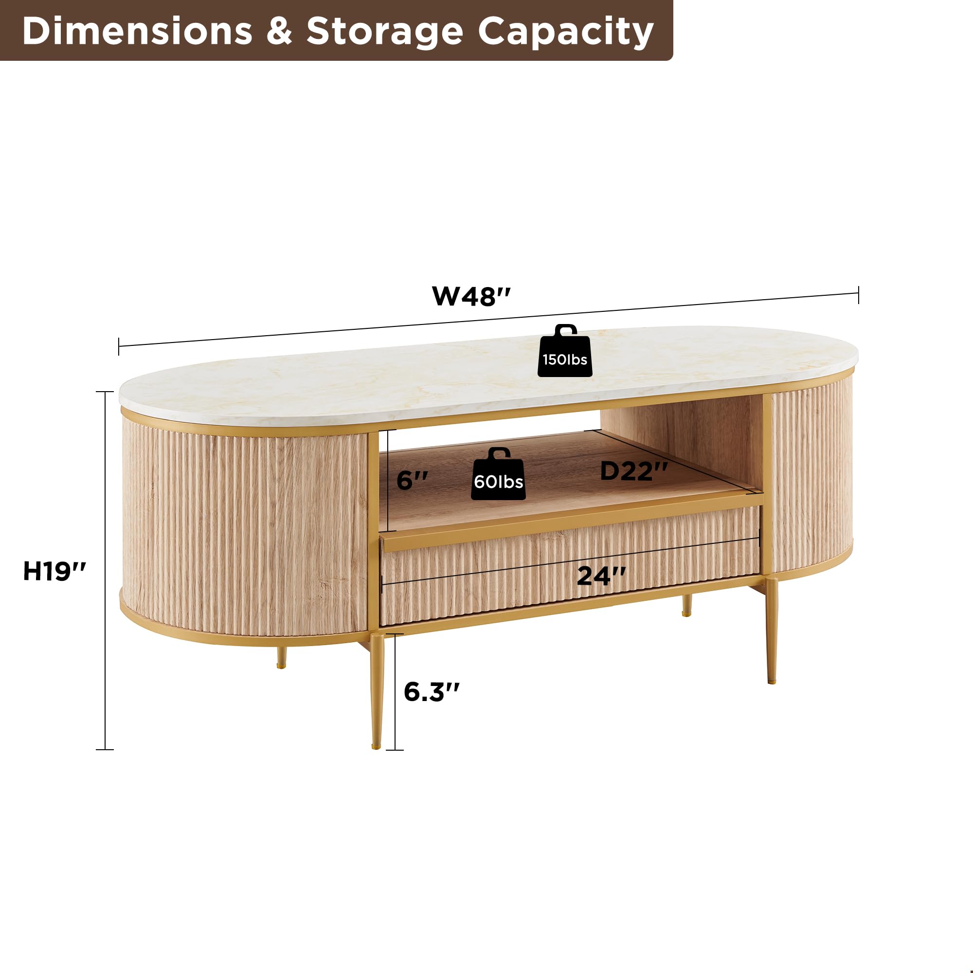 48" Modern Fluted Coffee Table with Drawer, Faux Marble Top, Gold Metal Decor, Curved Oval Center Table, Natural Oak