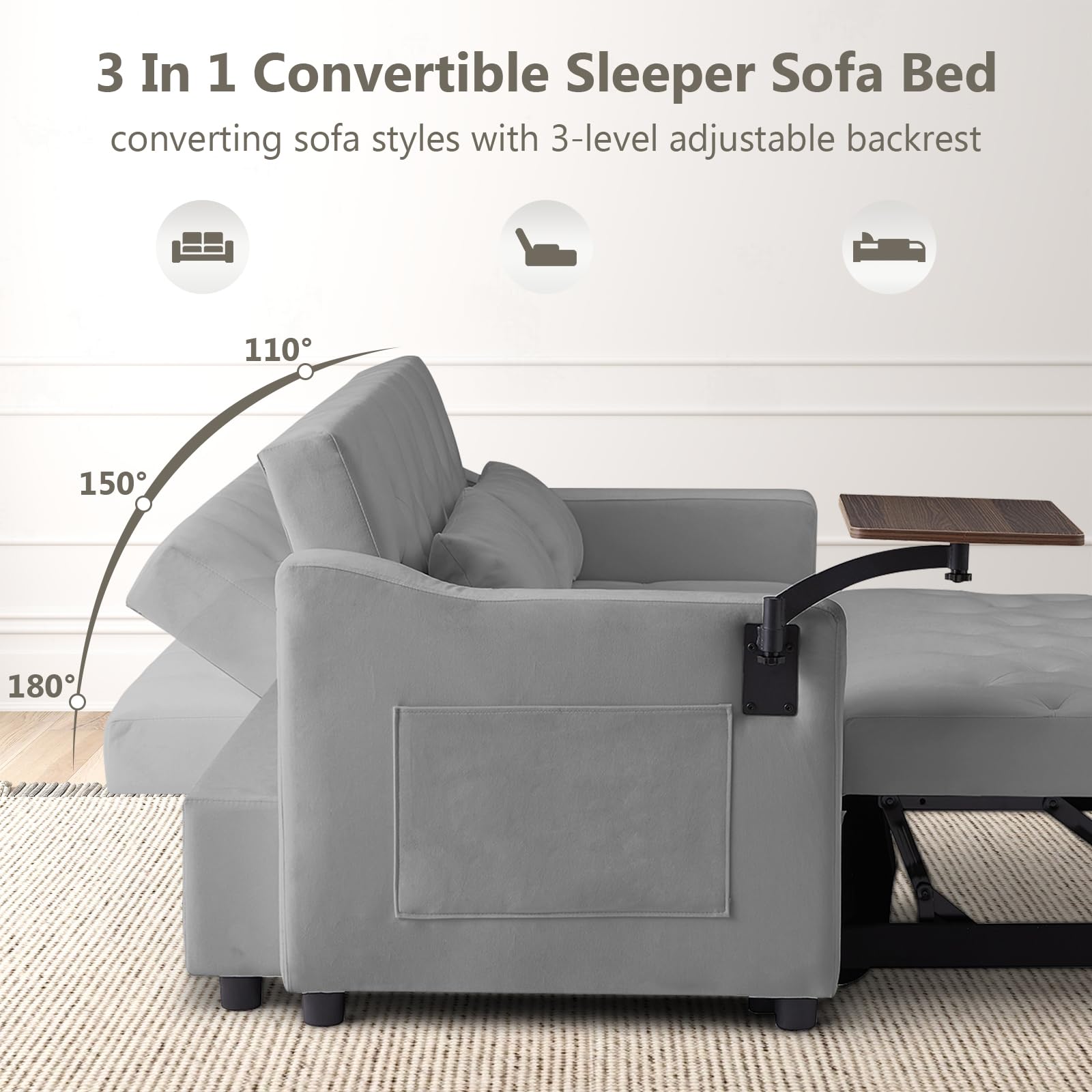 3-in-1 Convertible Sleeper Loveseat Sofa Bed with Pull-Out Couch, Adjustable Backrest & Swivel Side Table
