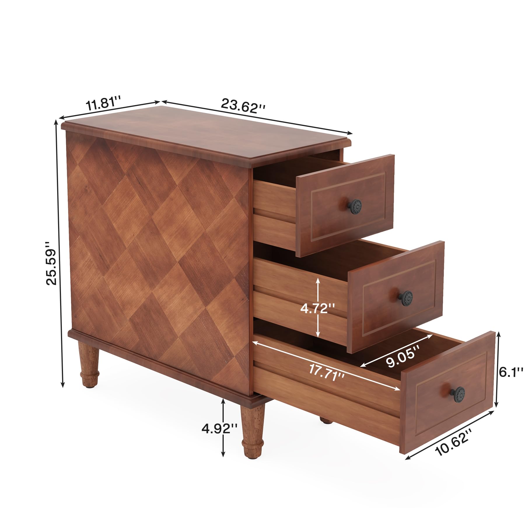 Solid Wood Narrow End Table with Drawers, Pre-Assembled Slim Side Table for Small Living Spaces