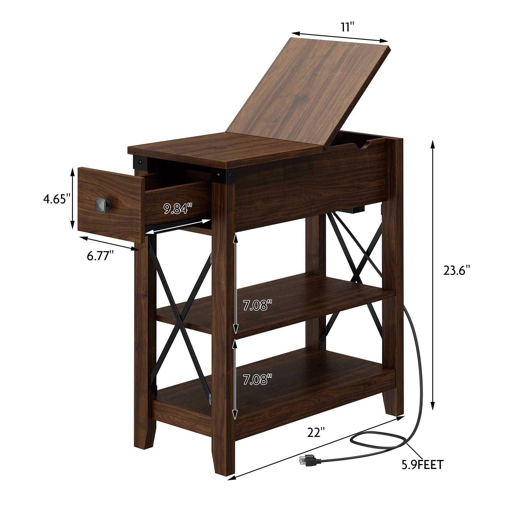 Walnut Narrow End Table Set of 2 with Charging Station, USB Ports, Flip Top Storage, for Small Spaces