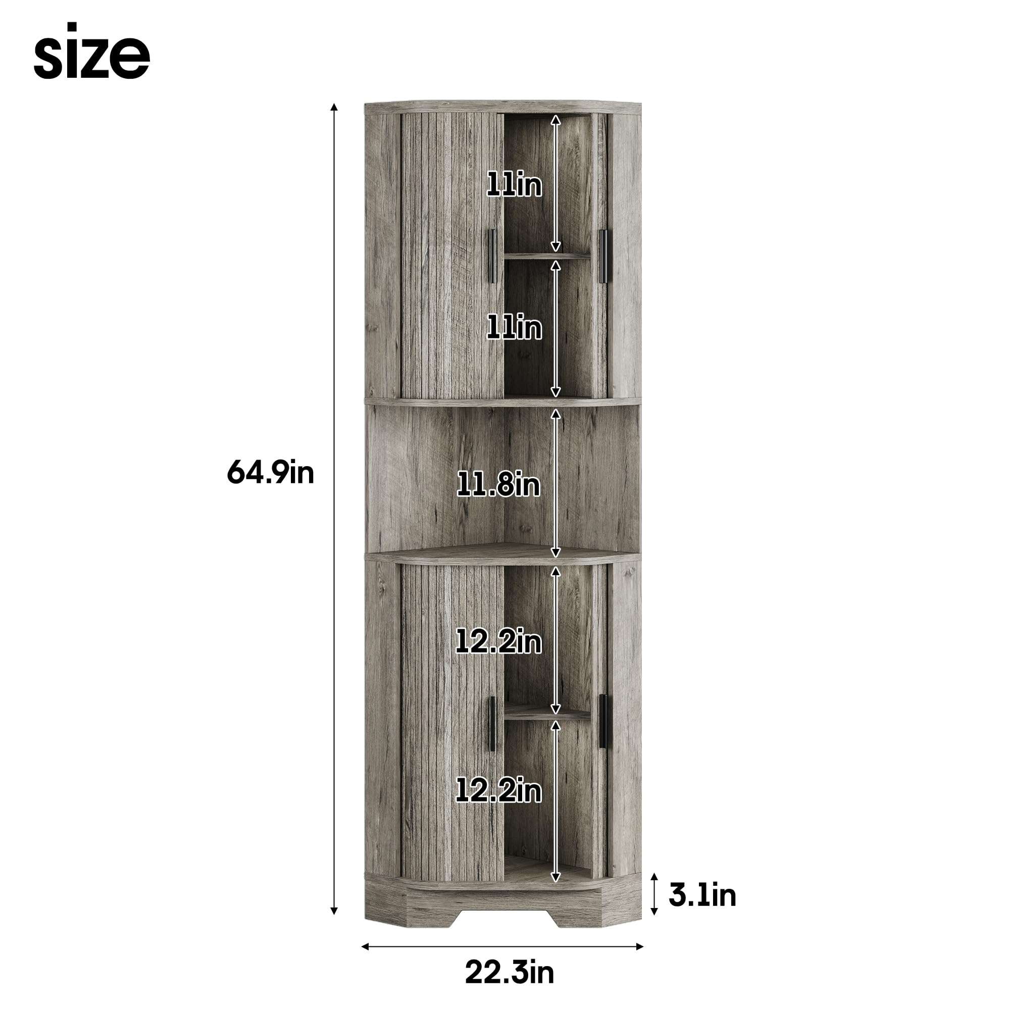 65" Farmhouse Tall Corner Cabinet with Tambour Sliding Doors, 5 Shelves & LED Light, Space Saver for Kitchen or Laundry