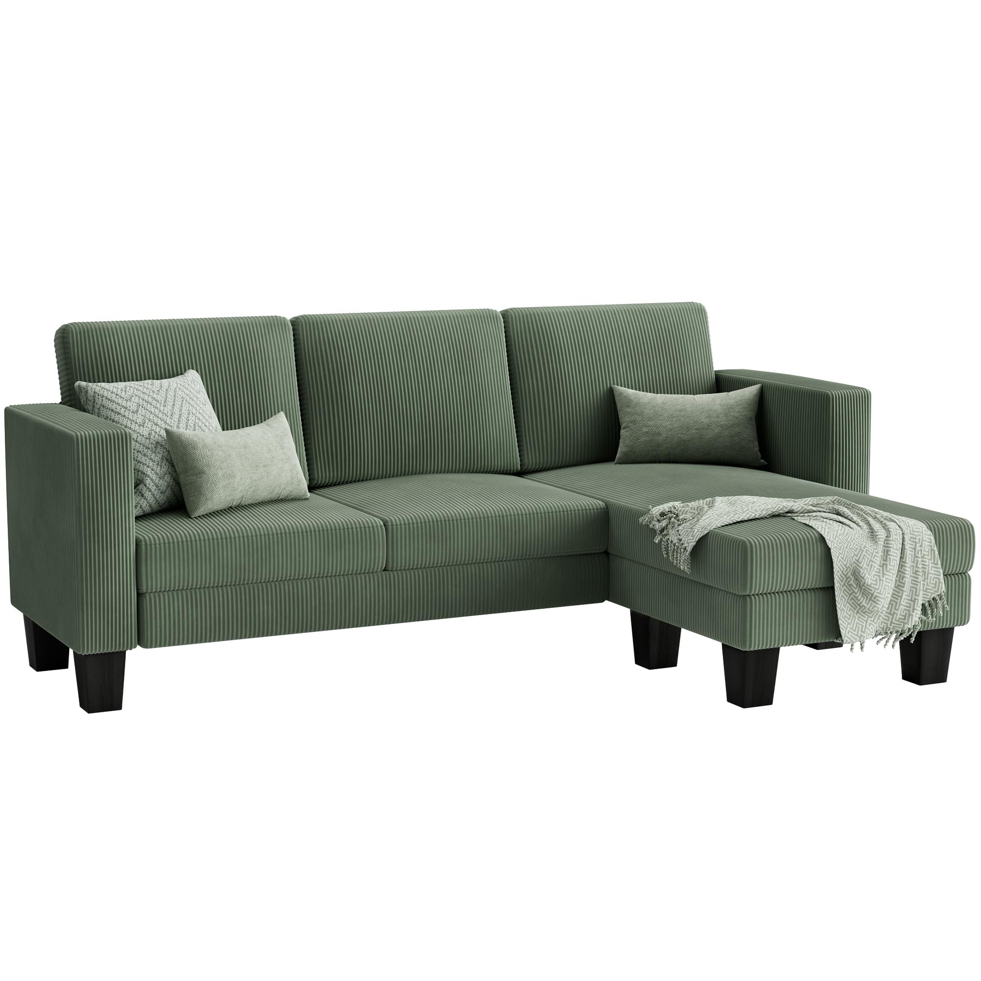 70" Green L-Shaped Convertible Sectional Sofa with Corduroy Fabric & Mobile Footrest for Living Room, Office, Apartment