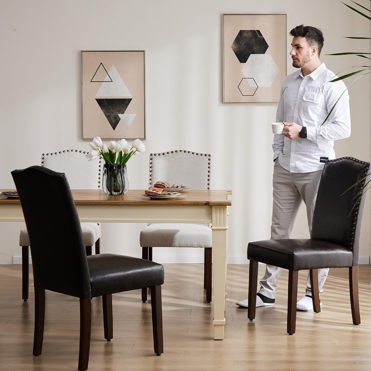 Set of 2 PU Leather Dining Chairs, Nailhead Trim, Mid-Century High-End Side Chairs with Wood Legs