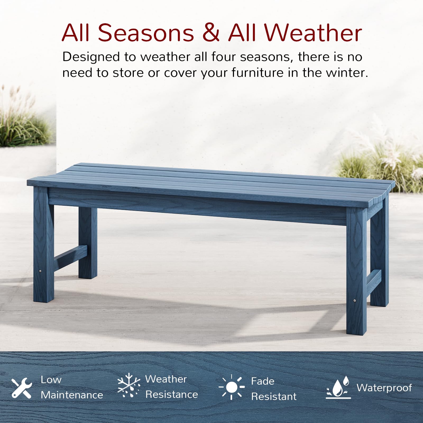 Blue Poly Lumber 2-Person Outdoor Garden Bench, Waterproof & Fade-Resistant, for Porch, Deck, Entryway