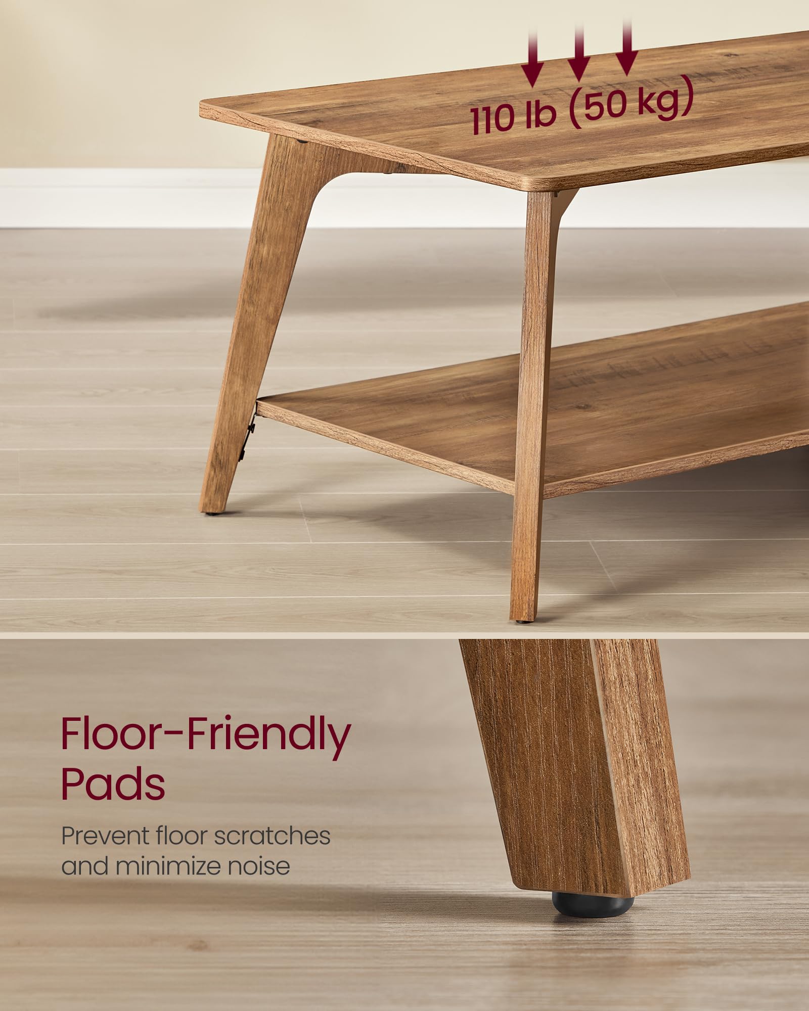 Honey Brown Coffee Table, 2-Tier Living Room Table with Storage & Rounded Corners, Easy Assembly, ULCT249K01
