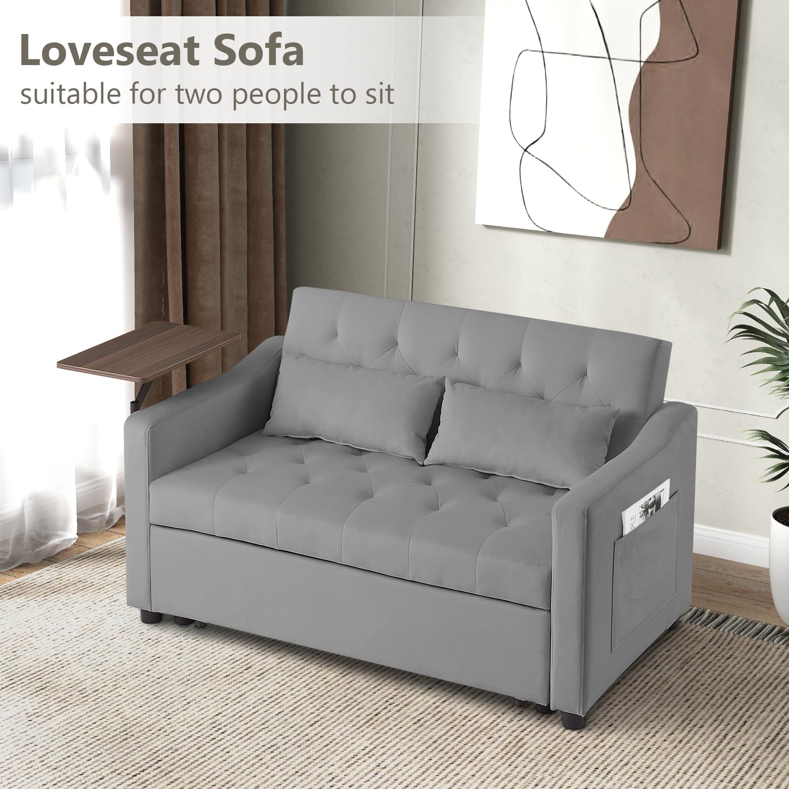 3-in-1 Convertible Sleeper Loveseat Sofa Bed with Pull-Out Couch, Adjustable Backrest & Swivel Side Table