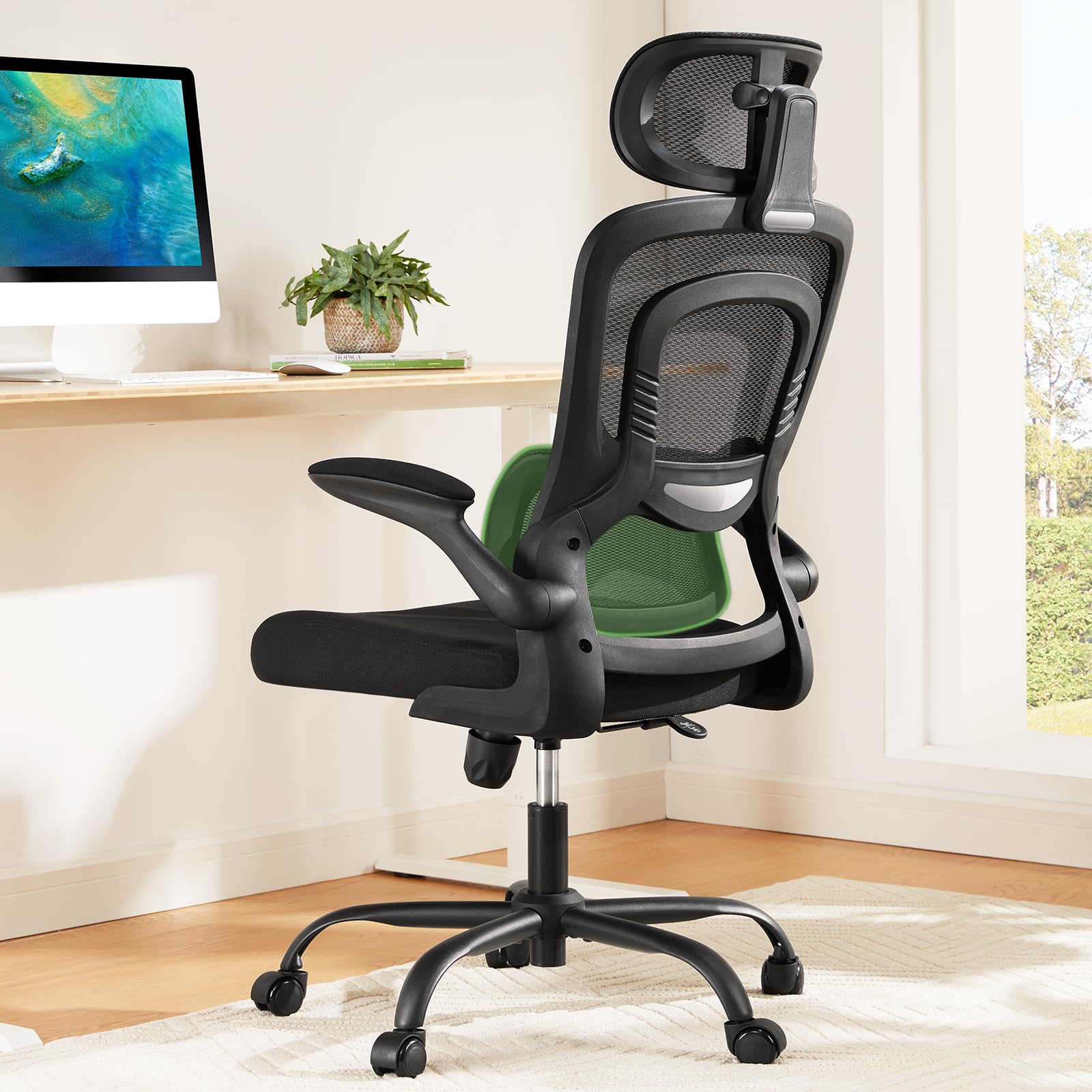 FURNIXI High Back Office Chair with Adjustable Lumbar, 2D Headrest & Flip-Up Arms, Ergonomic Mesh Gaming Chair, Black