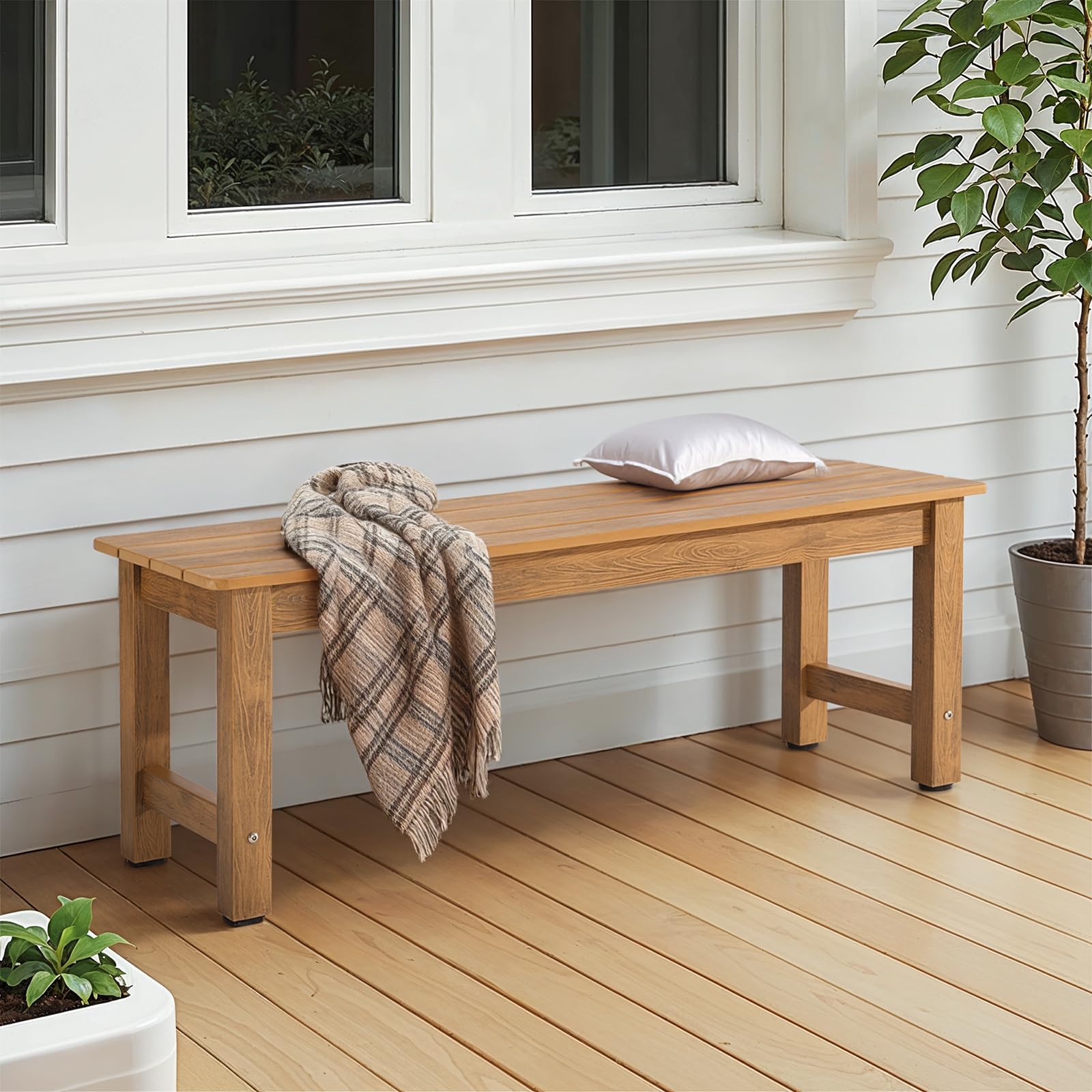 Teak Poly Lumber Garden Bench, 2-Person All-Weather Patio Bench with Easy Installation, Backyard Use