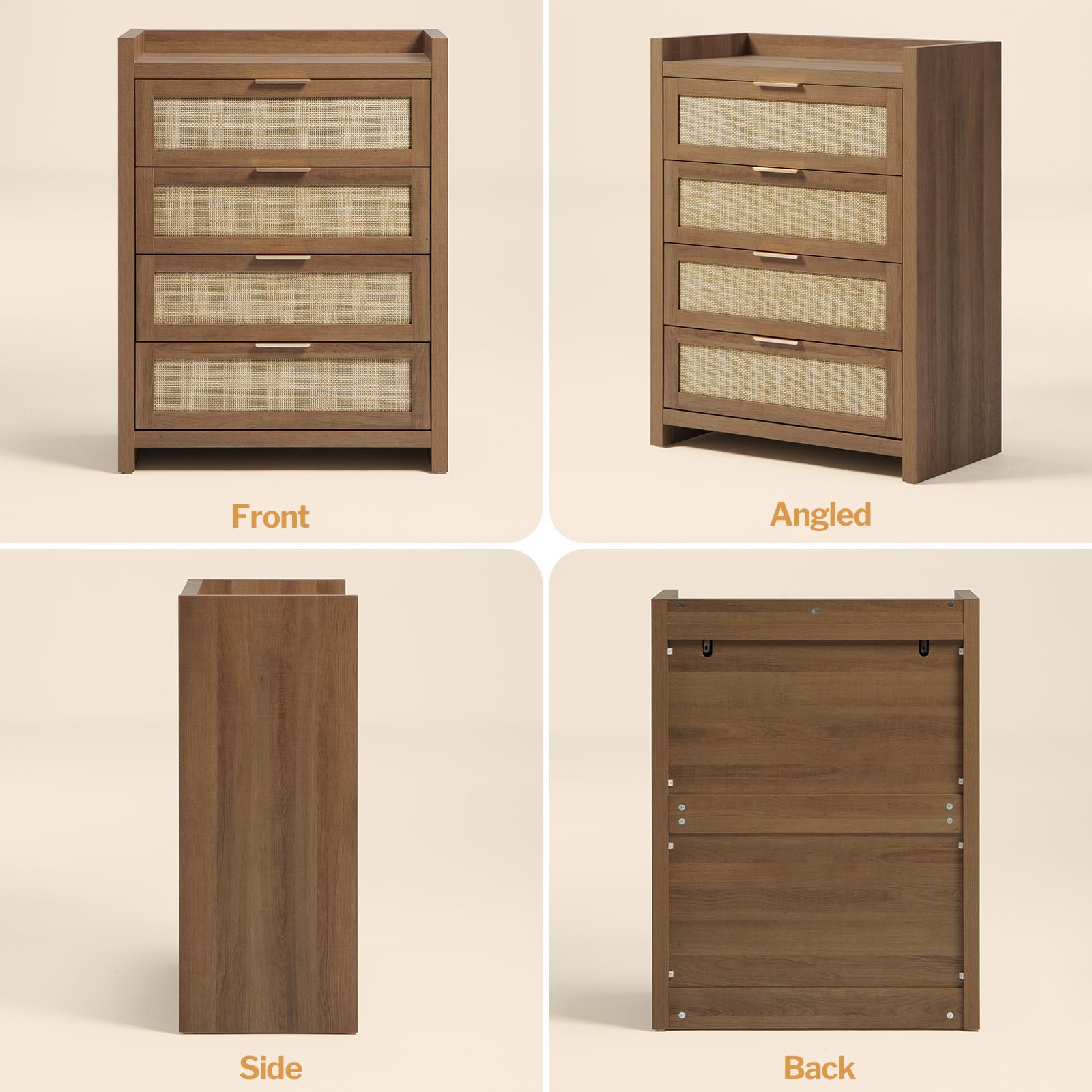 38" Tall 4-Drawer Rattan Dresser for Bedroom, Boho Chest with Storage Cabinet for Closet, Living Room, or Entryway