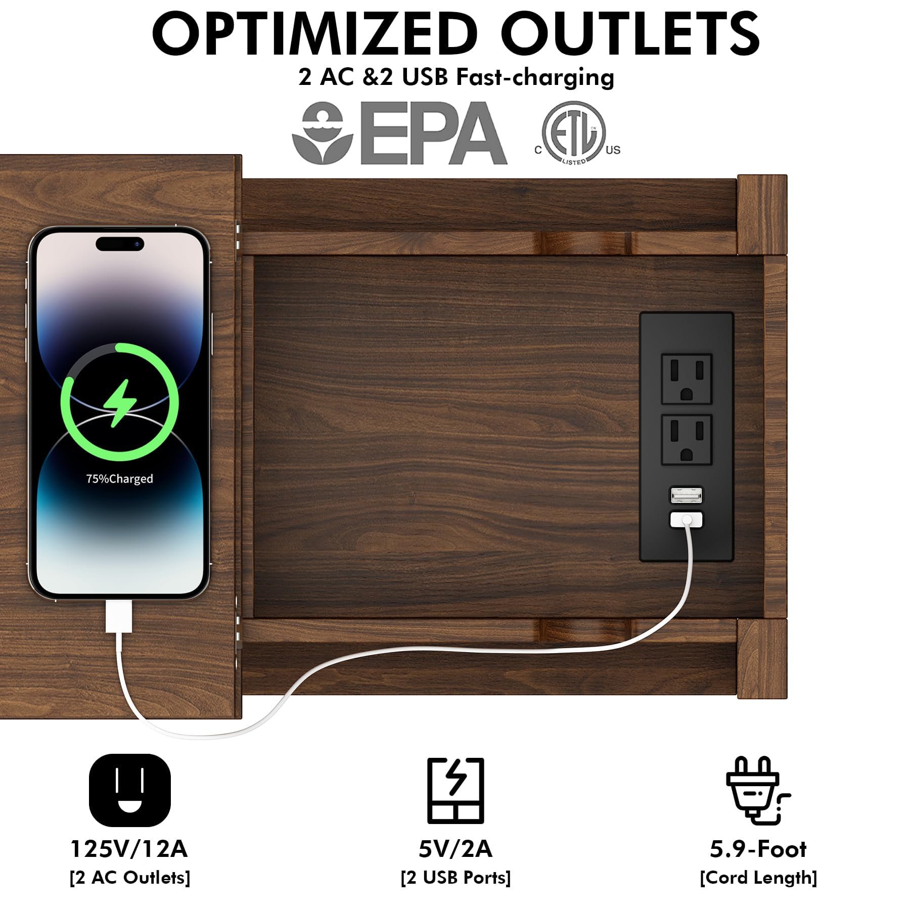 Walnut Narrow End Table Set of 2 with Charging Station, USB Ports, Flip Top Storage, for Small Spaces