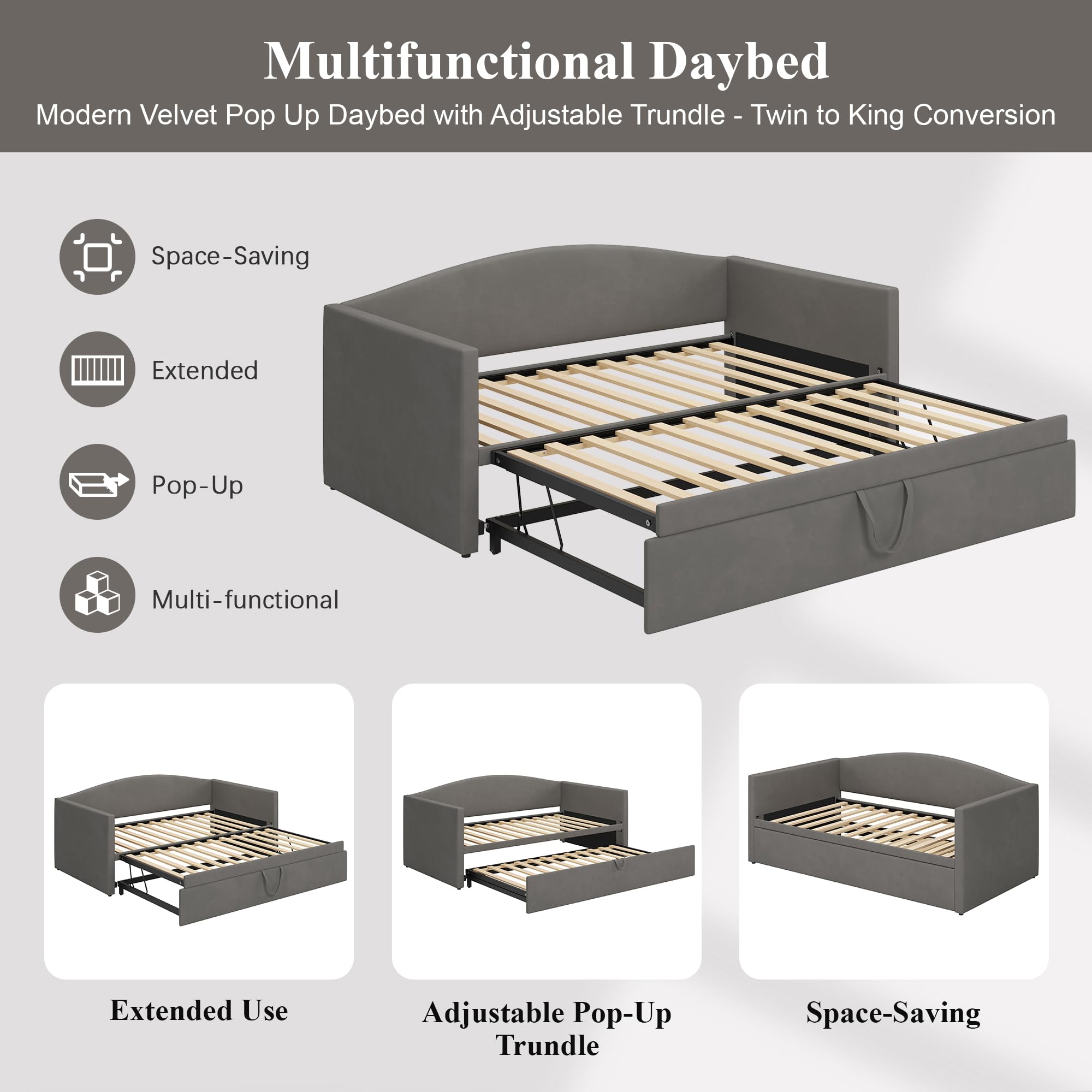 Velvet Twin Daybed – Grey Upholstered Frame with Pop-Up Trundle, Space-Saving Design for Guest Room