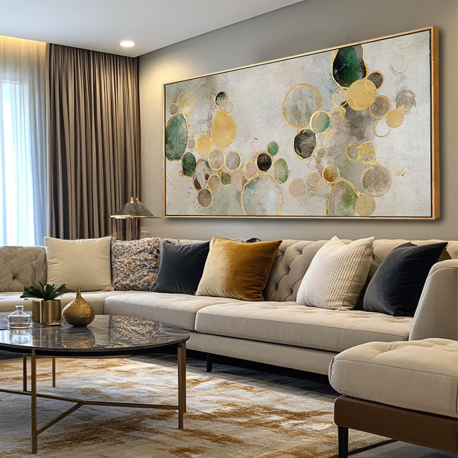 Large Abstract Wall Art – 29"x58" Gold Circle & Green Canvas Print for Living Room, Office or Bedroom Walls