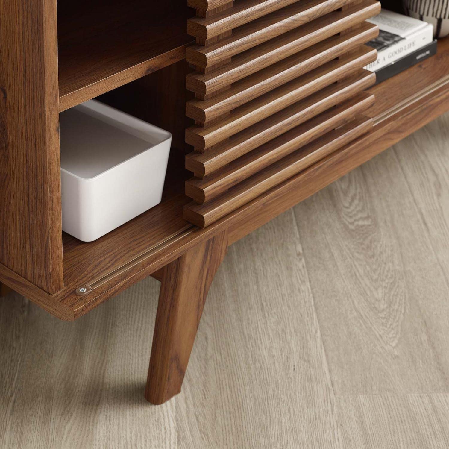 Mid-Century Low Profile TV Stand – 46" Wide Corner Entertainment Console in Walnut Finish for Small Spaces