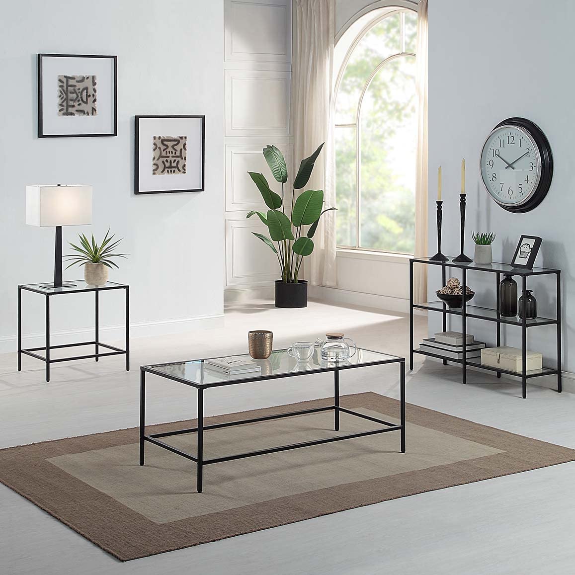 Black Coffee Table with Tempered Glass, Wide Rectangle Minimalist Center Table for Living Room, Office, Outdoor