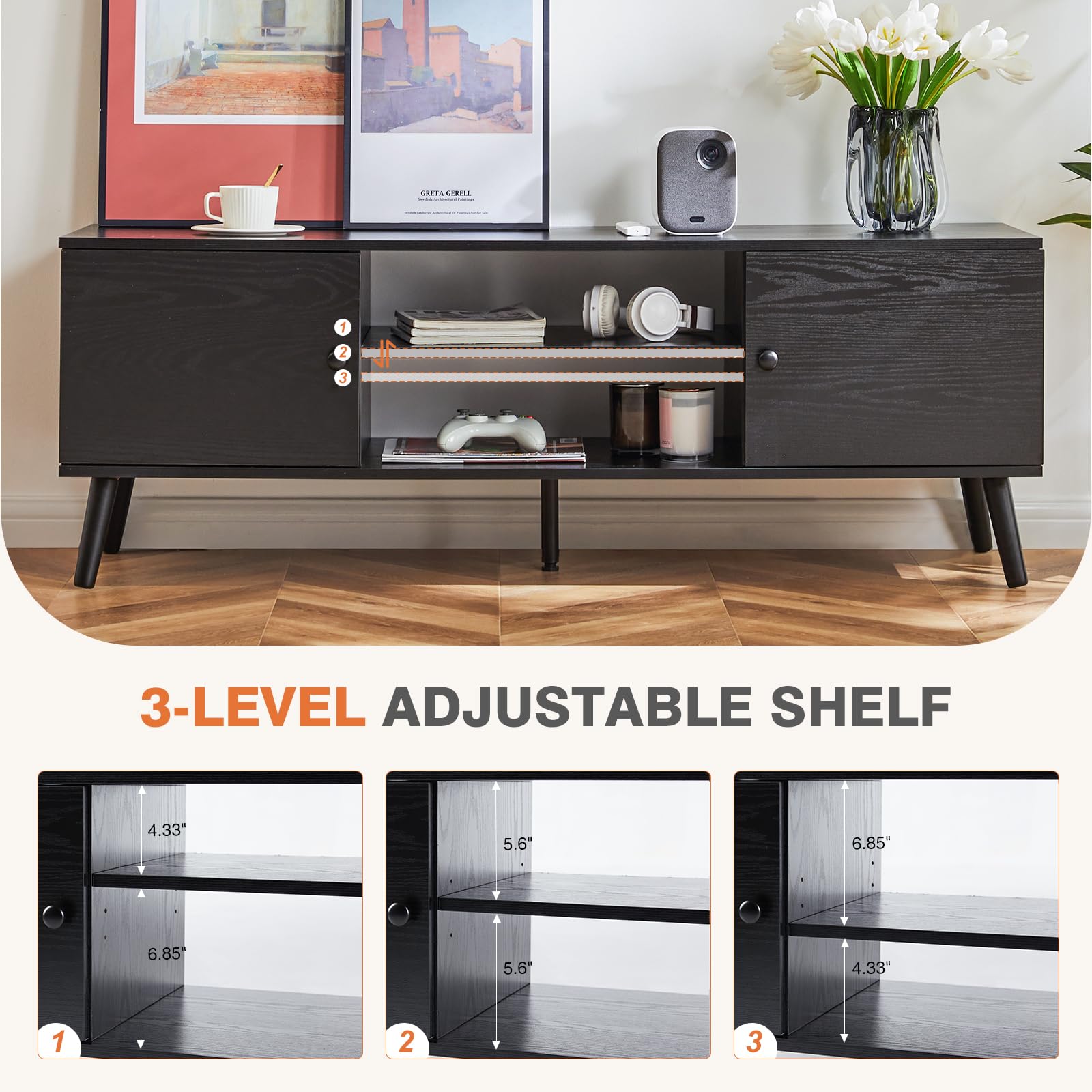 TV Stand for 55–60" TVs – Mid-Century Modern Entertainment Console with Cabinets, Storage, Soft Hinges, Black Finish