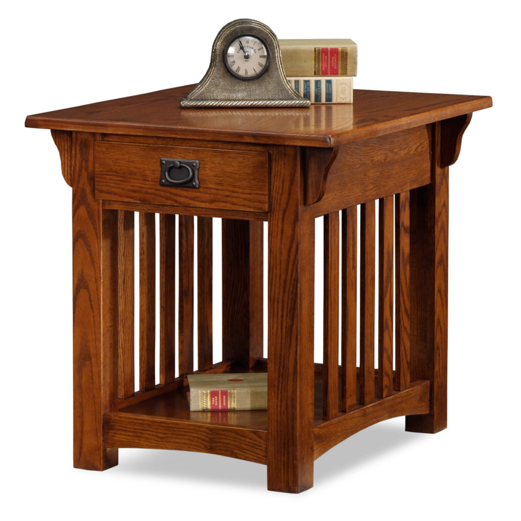 FURNIXI Mission Solid Wood End Table with Drawer & Shelf, Medium Oak Living Room Table with Slatted Sides