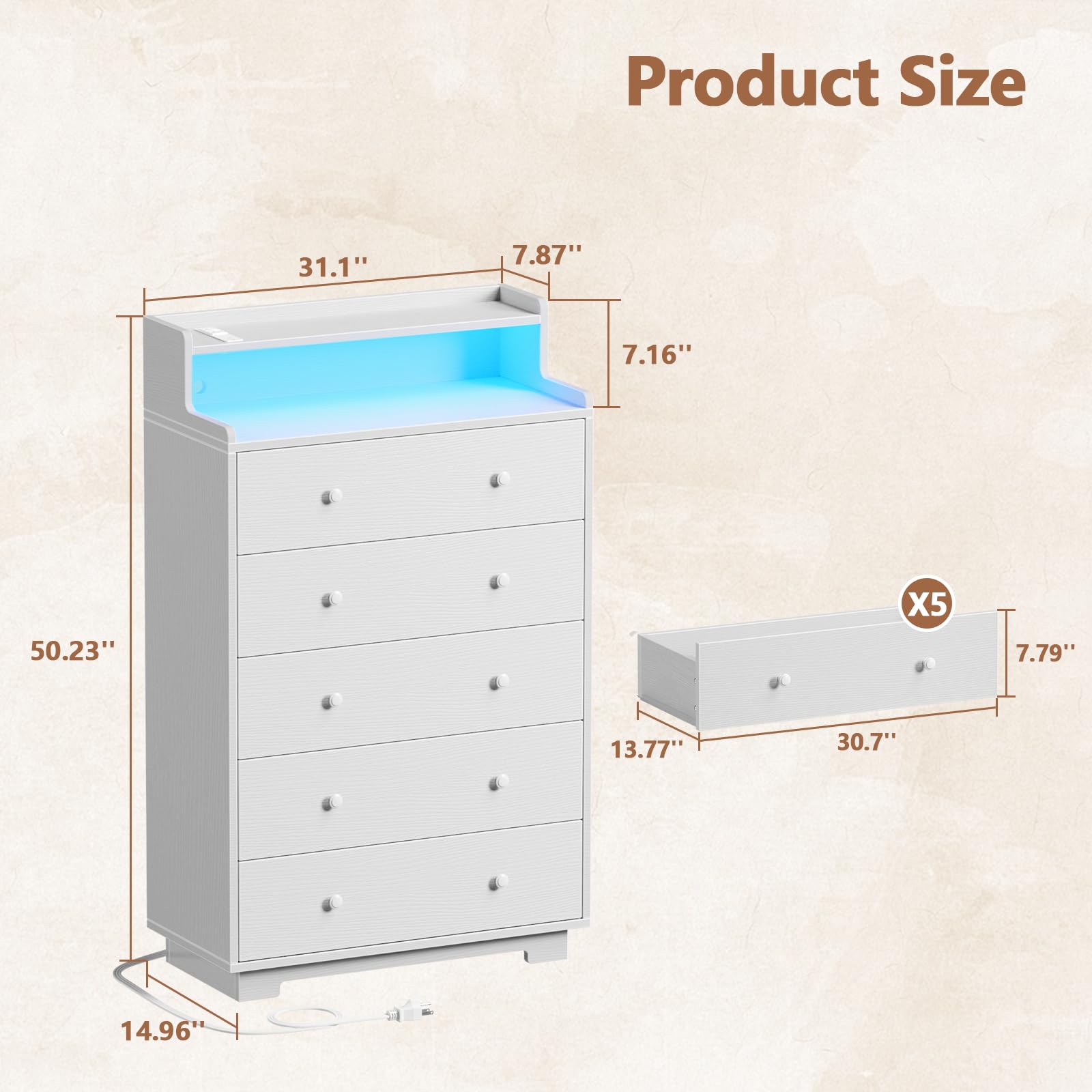 5-Drawer Tall Dresser with LED & Charging Station, White Wood Storage Chest for Bedroom, Closet, or Entryway