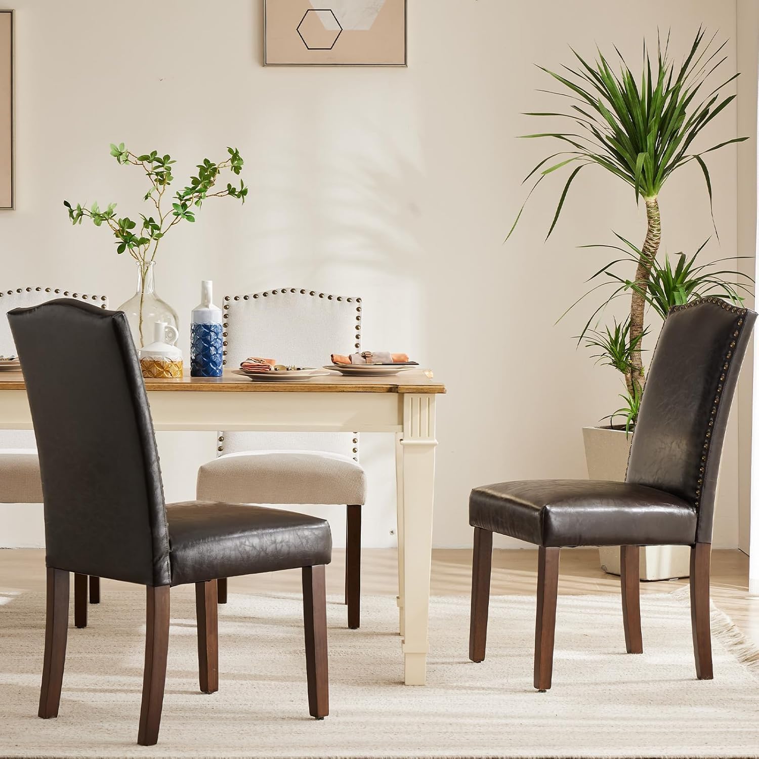 Set of 2 PU Leather Dining Chairs, Nailhead Trim, Mid-Century High-End Side Chairs with Wood Legs