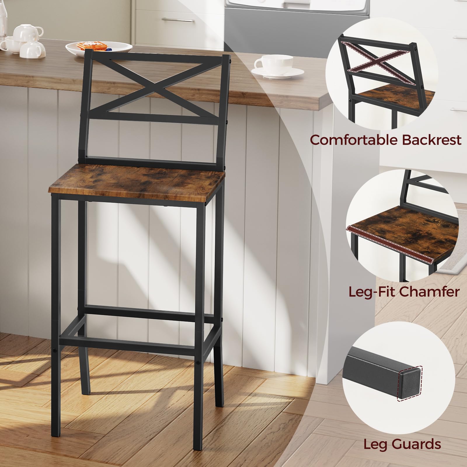Bar Stools Set of 2, 26" Counter Height Chairs with Backrest & Footrest, Easy Assembly Kitchen Breakfast Bar Chairs, Rustic Brown