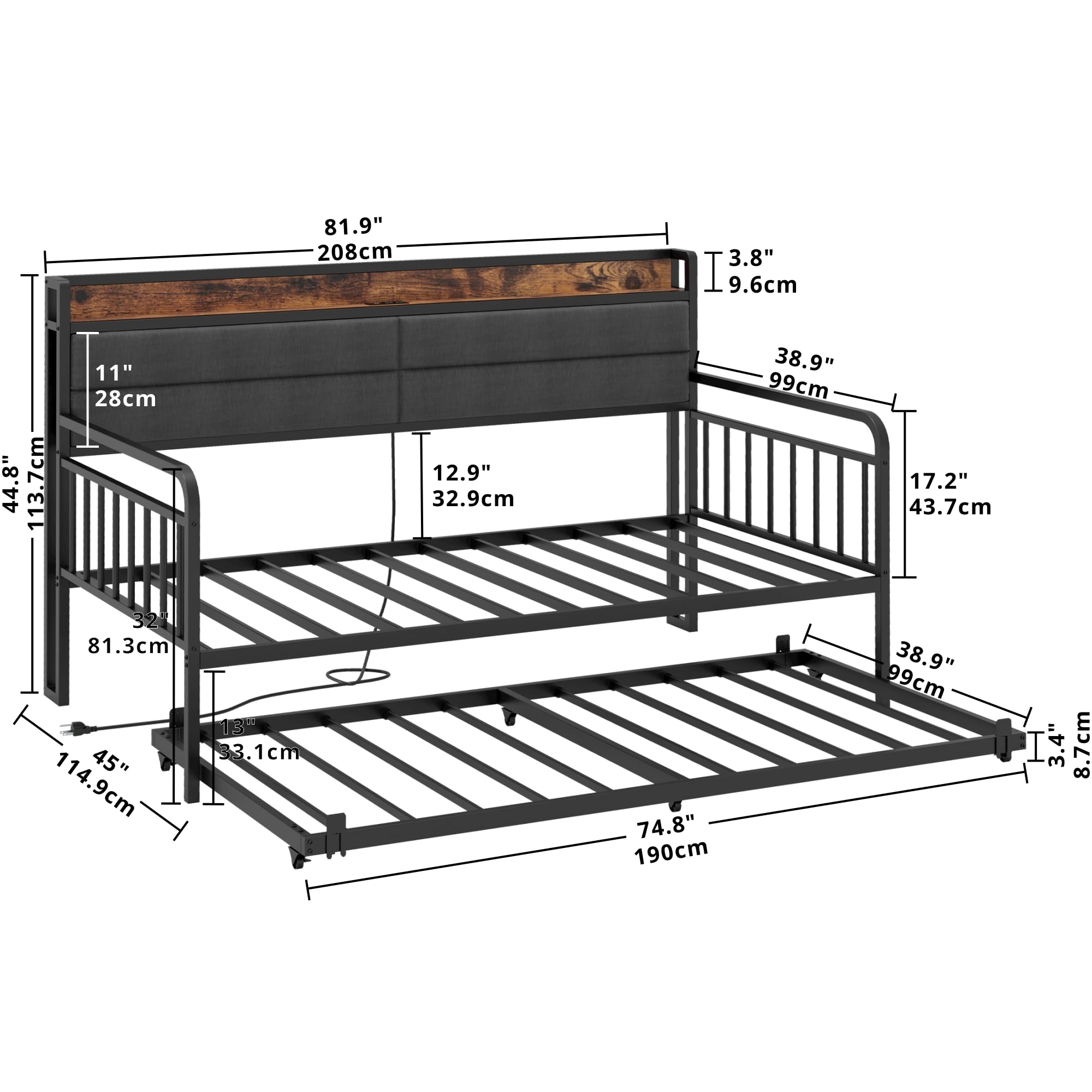 Twin XL Daybed with Trundle – Black Metal Frame with Headboard, Charging Station for Bedroom, Guest Room or Living Room
