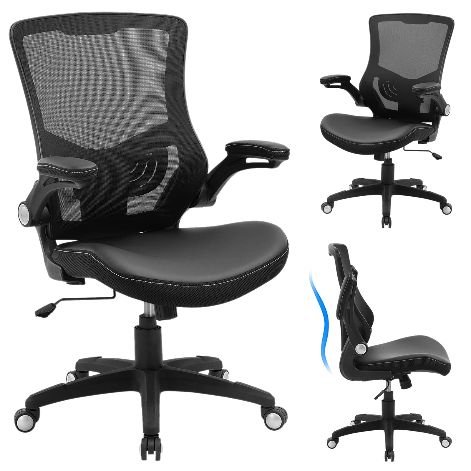 Ergonomic PU Leather Desk Chair, Mesh Back Computer Chair with Flip-Up Arms & Adjustable Lumbar Support