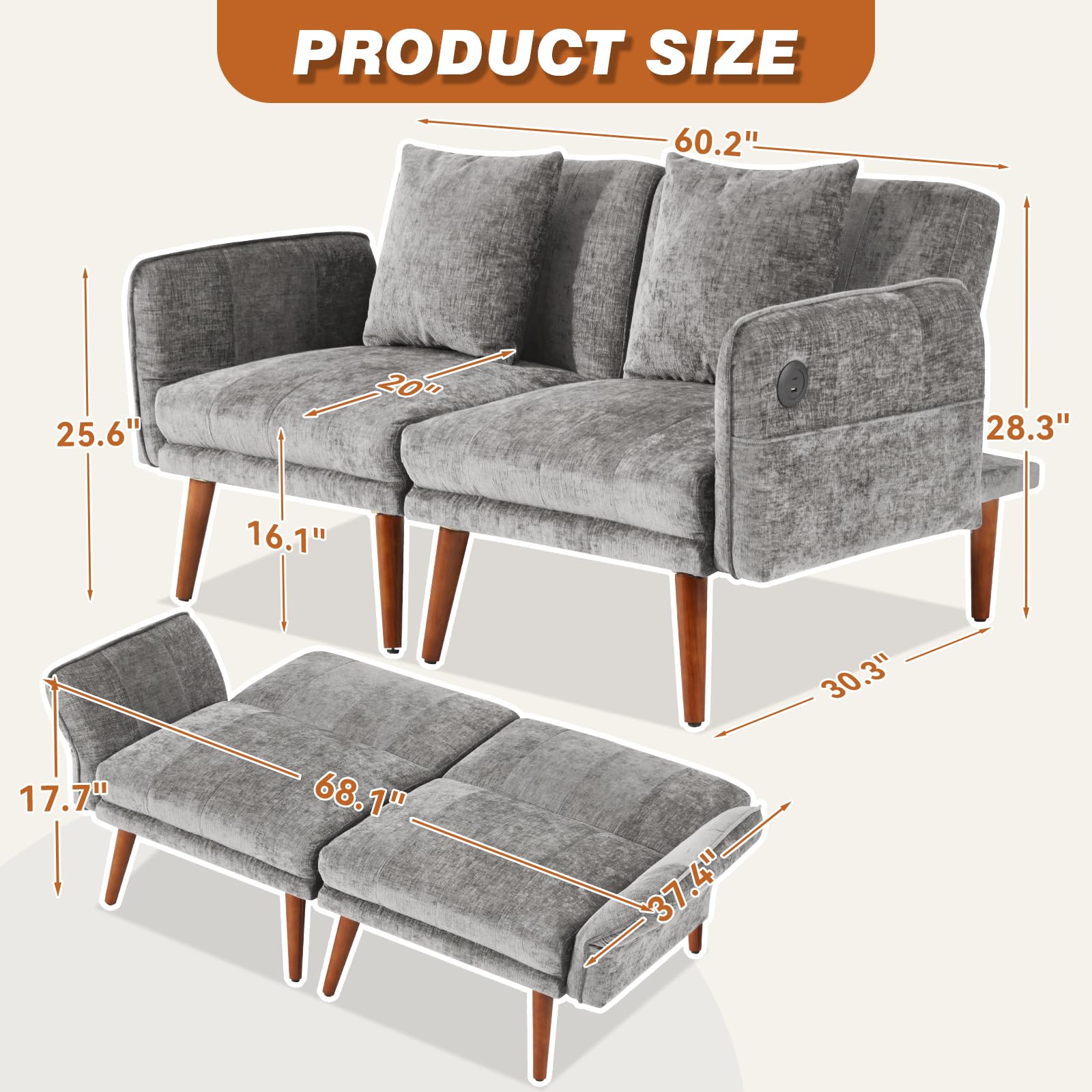 60.2" Modern Loveseat Sofa – Grey Chenille Upholstered 2-Seater Couch for Bedroom, Office or Living Room
