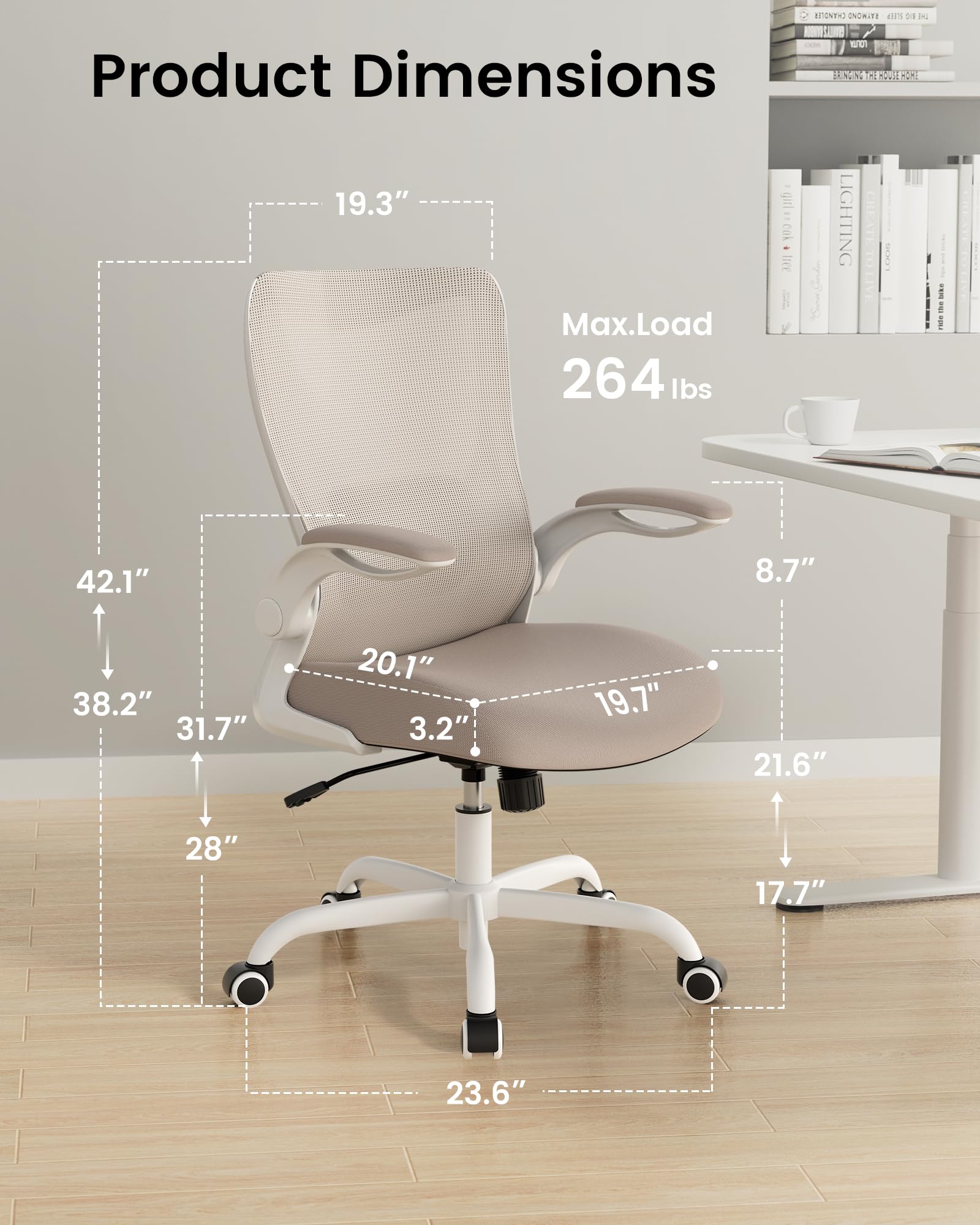 Ergonomic Office Desk Chair with Flip-Up Arms, Adjustable Lumbar, Breathable Mesh Computer Chair, Khaki