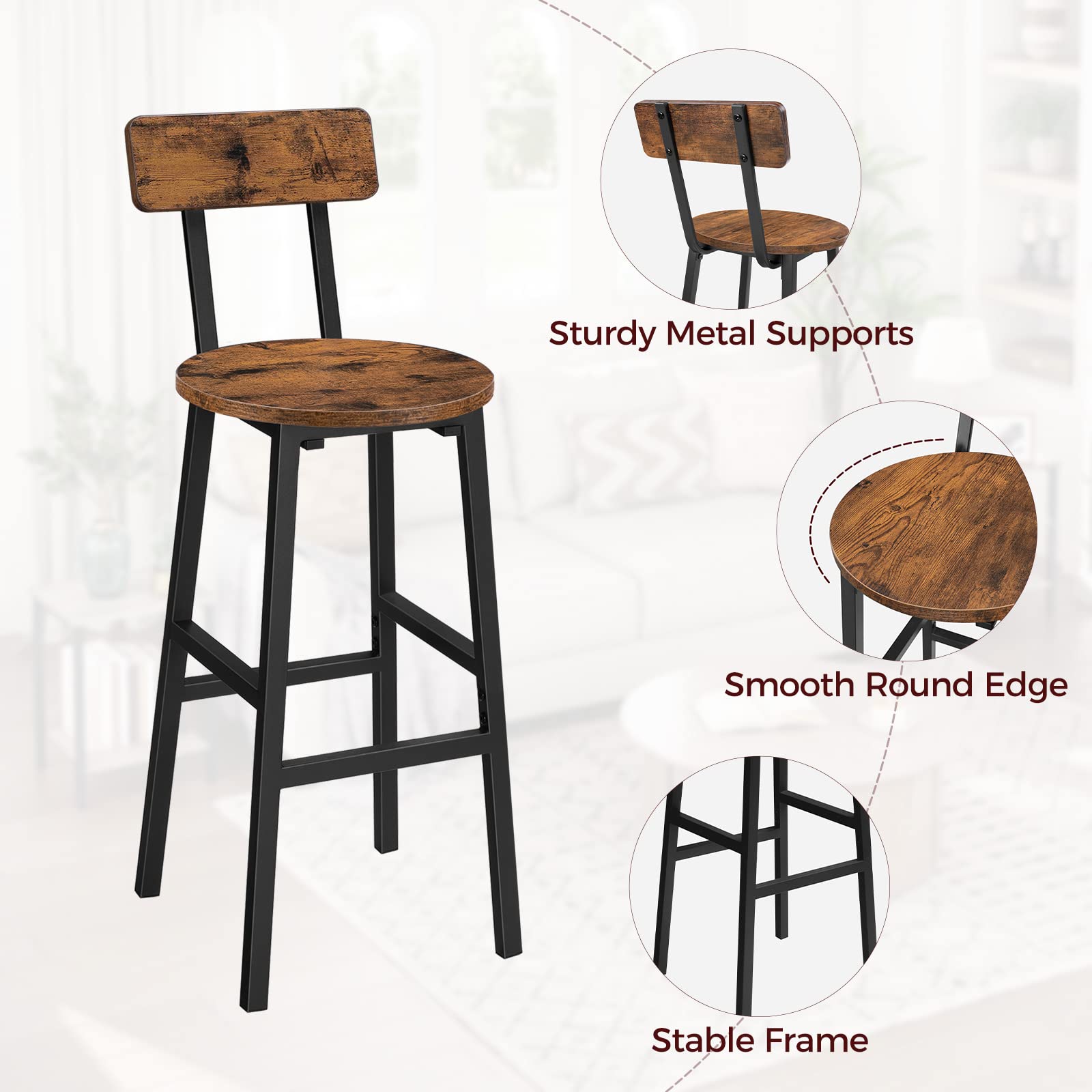 Bar Stools Set of 2, 24.4" Round Bar Chairs with Backrest & Footrest, Adjustable Feet, Rustic Brown for Kitchen, Living Room, Pub