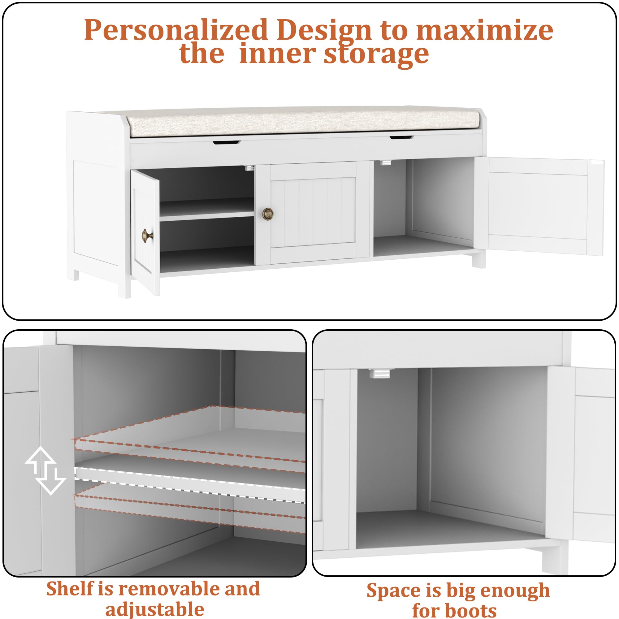 41.3" Entryway Shoe Bench with Cushioned Lift-Top Storage, Wooden Bed Bench Cabinet, White Finish