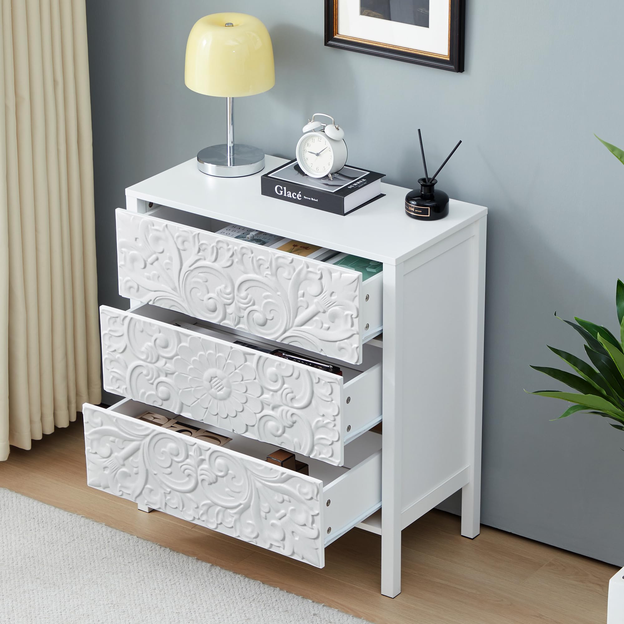White 3-Drawer Wide Dresser, Carved Nightstand Cabinet with Storage for Bedroom, Hallway, Entryway, Office