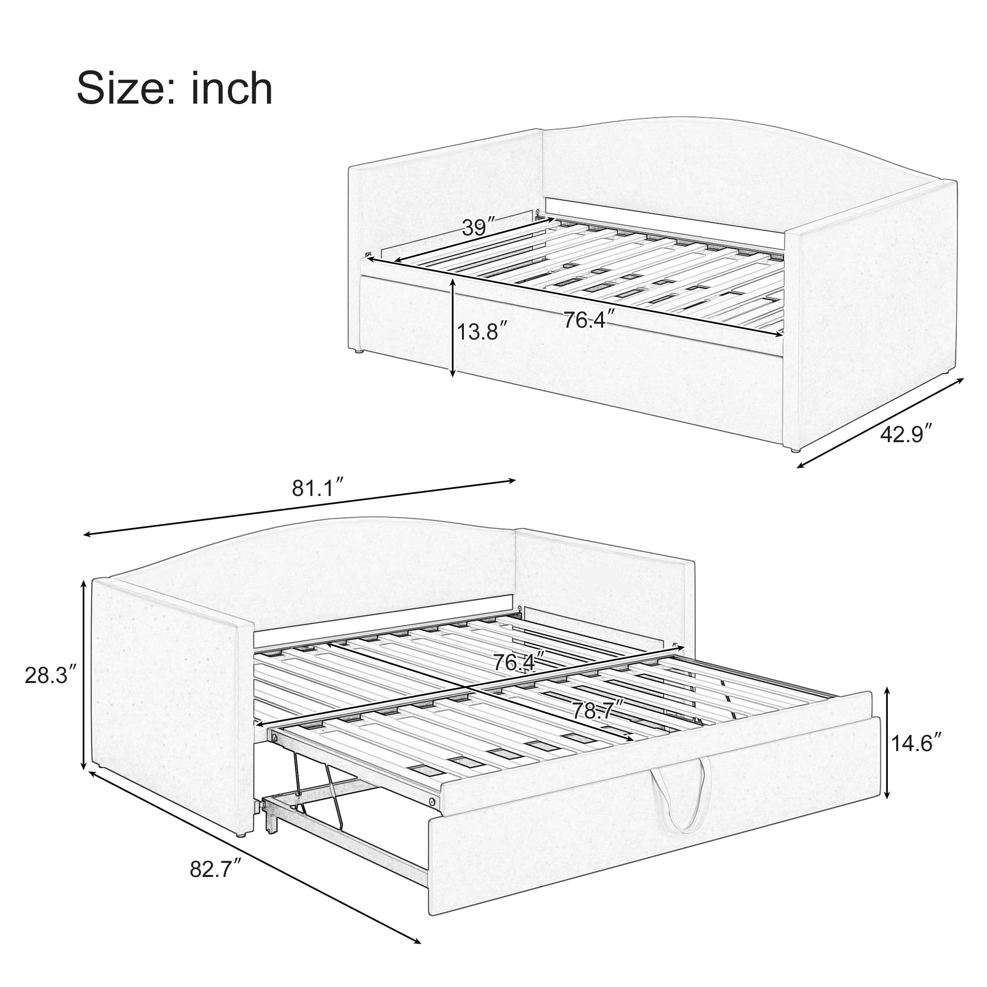 Velvet Twin Daybed – Grey Upholstered Frame with Pop-Up Trundle, Space-Saving Design for Guest Room
