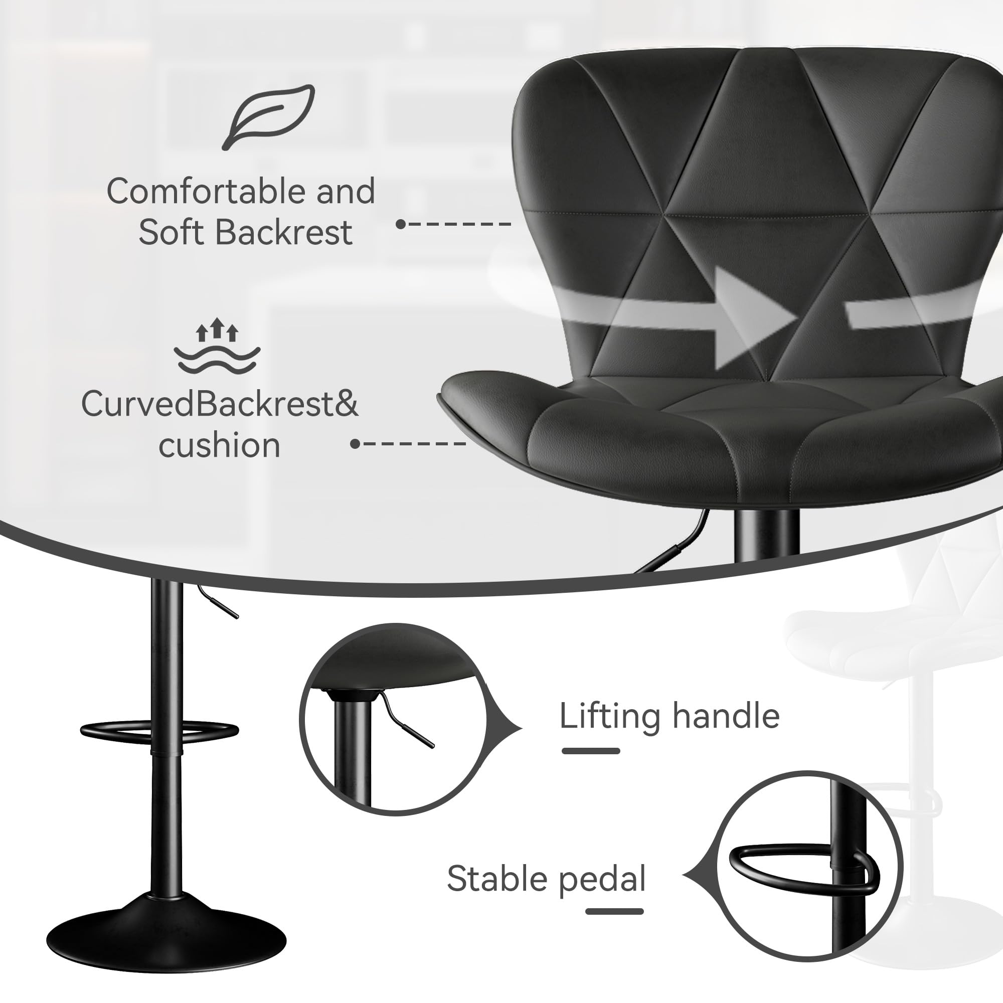 Bar Stools Set of 2, Adjustable Faux Leather Swivel Bar Chairs with High Backrest, Upholstered Counter Seats for Kitchen, Black