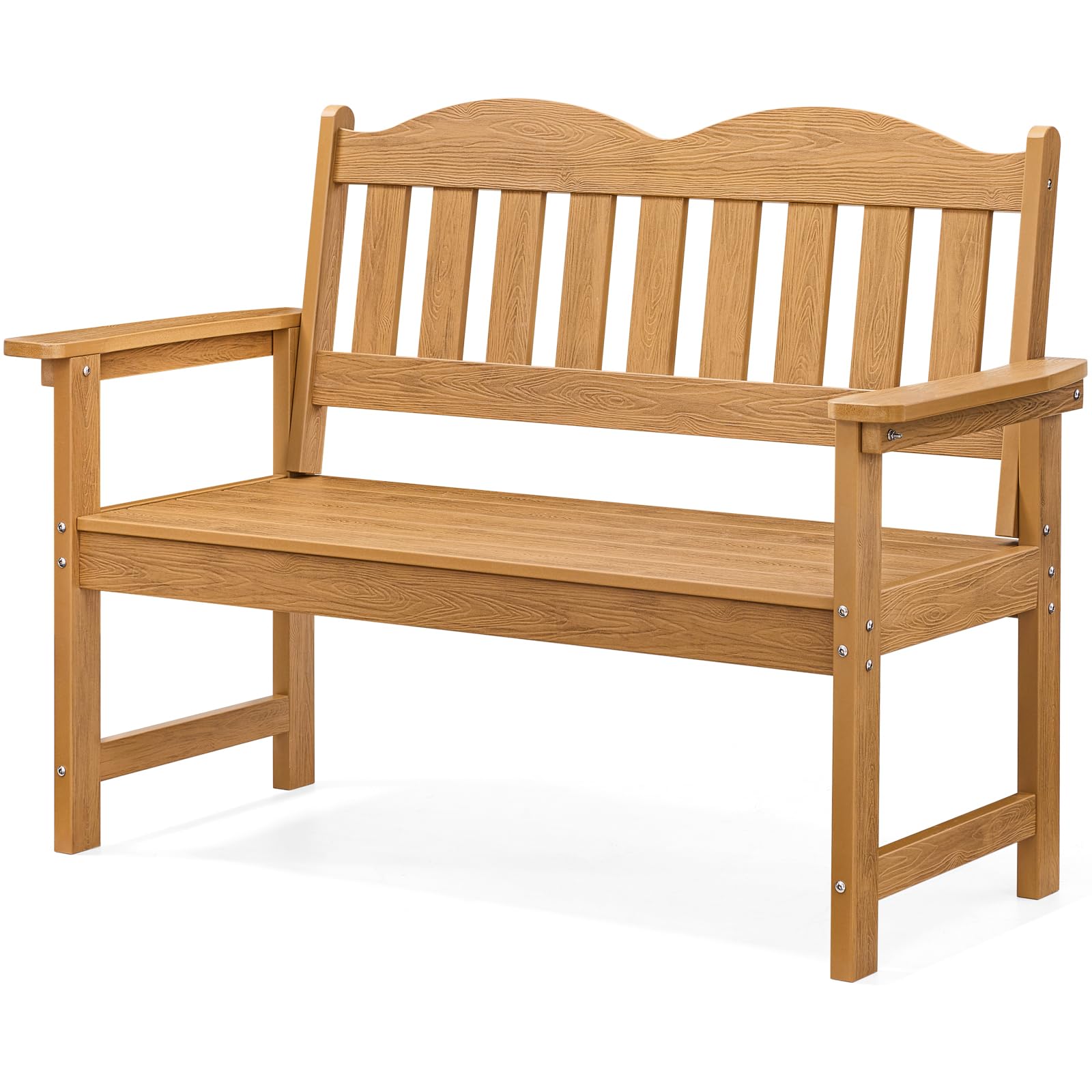 Teak Poly Lumber Outdoor Garden Bench, 2-Person All-Weather Patio Bench with Armrests and Backrest