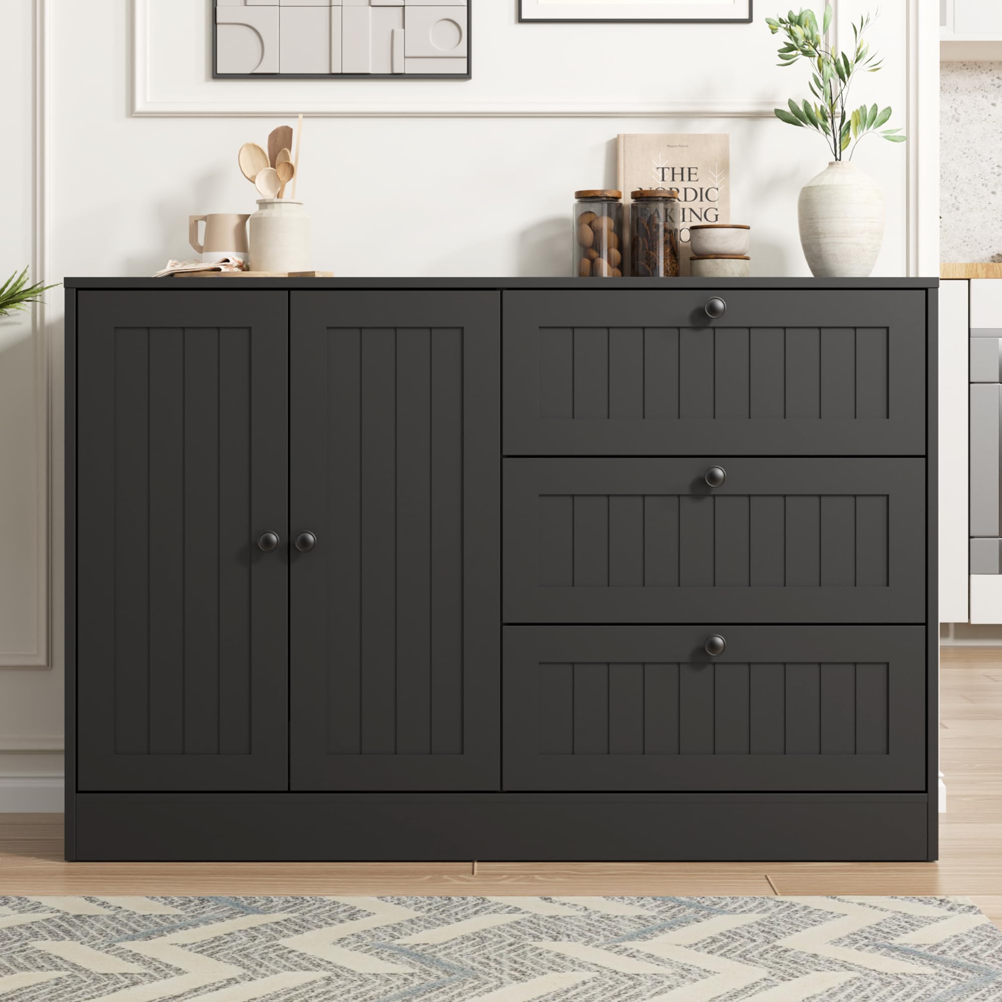 Sideboard Buffet Cabinet with Storage, 47" Black Farmhouse Kitchen Cabinet with 3 Drawers, Coffee Bar for Living Room