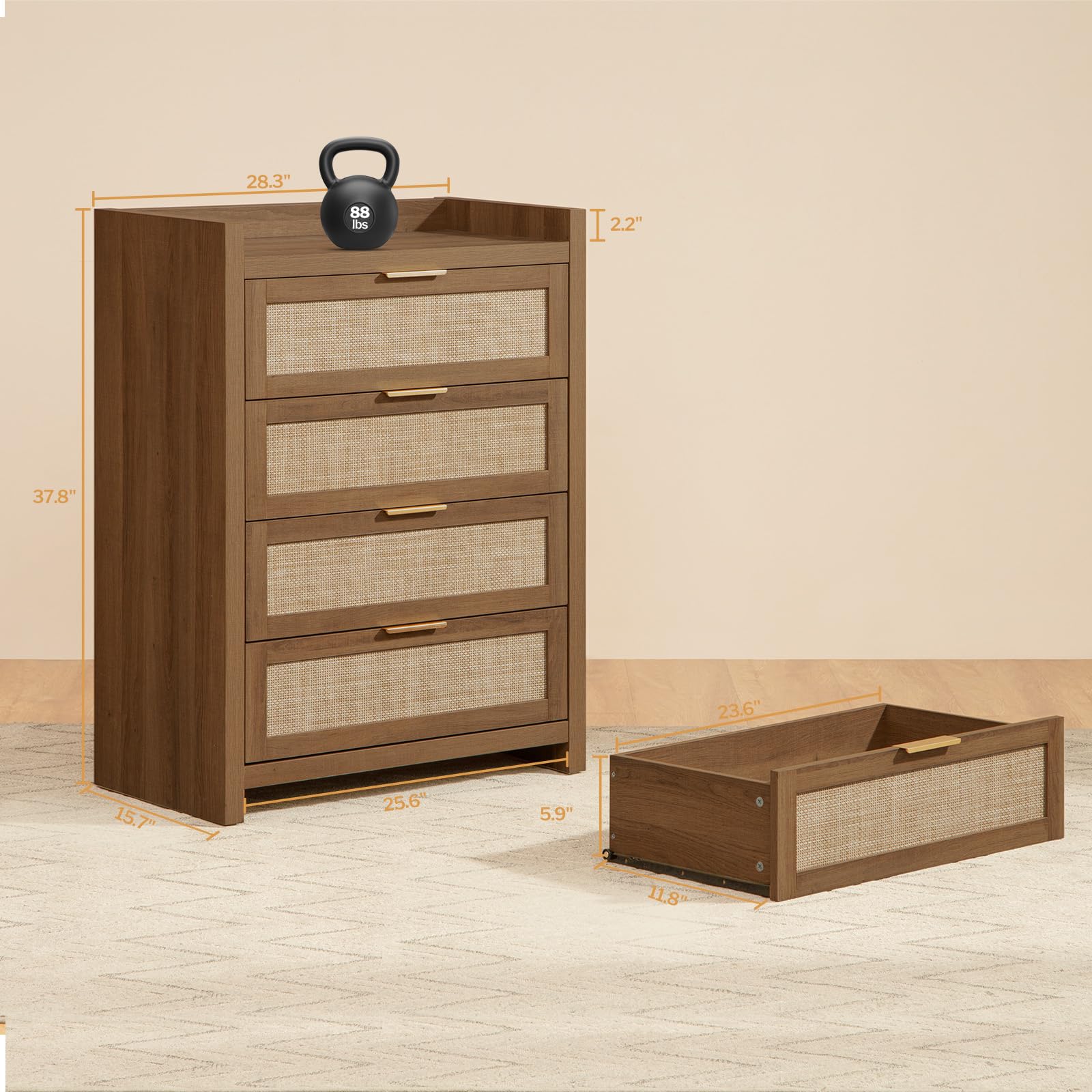 38" Tall 4-Drawer Rattan Dresser for Bedroom, Boho Chest with Storage Cabinet for Closet, Living Room, or Entryway
