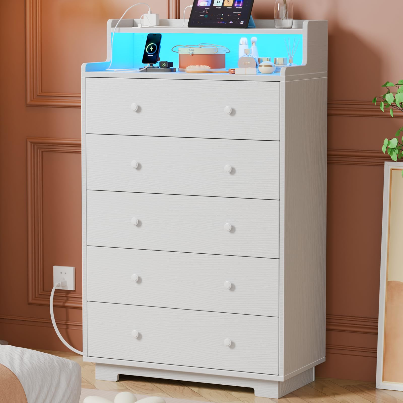 5-Drawer Tall Dresser with LED & Charging Station, White Wood Storage Chest for Bedroom, Closet, or Entryway