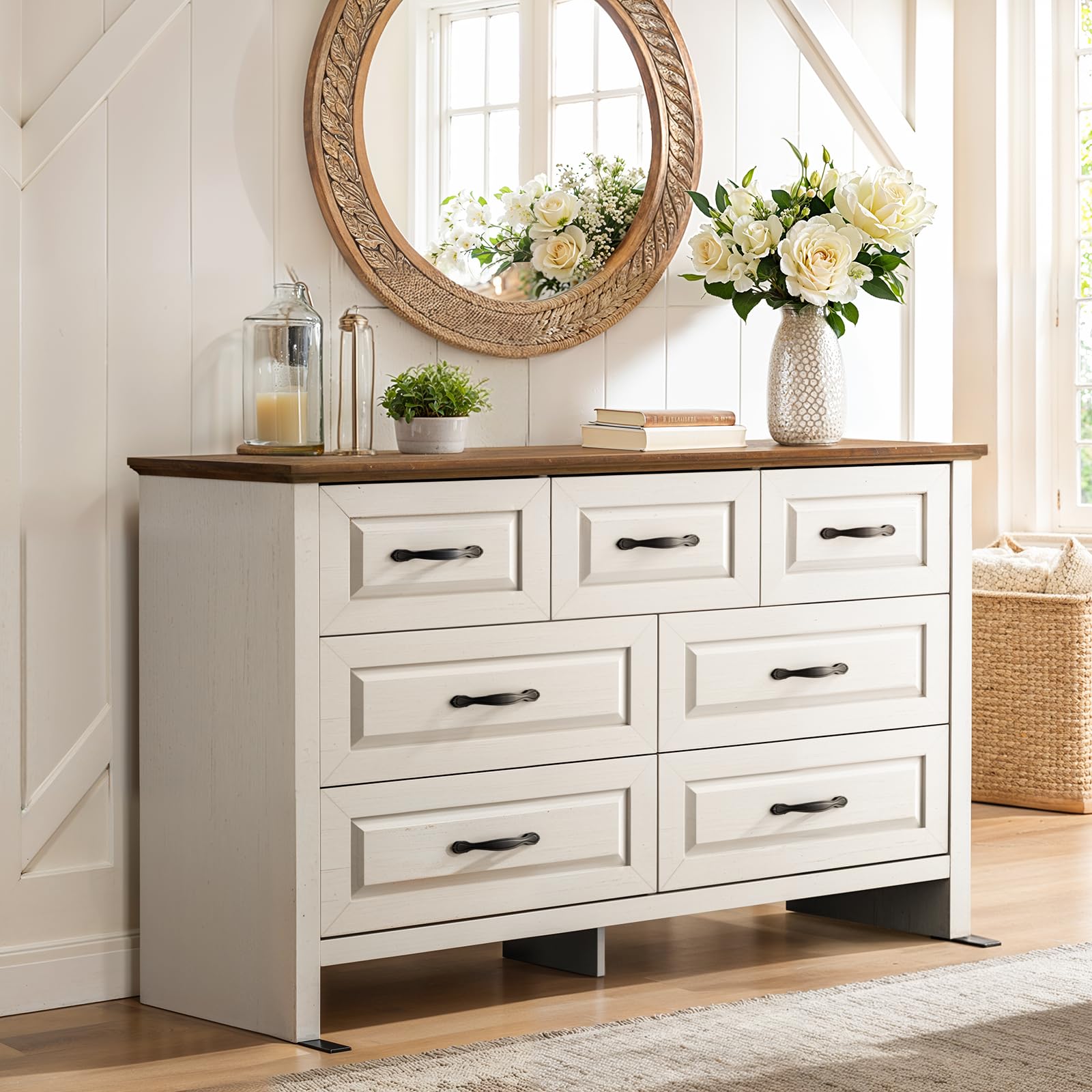 7-Drawer Farmhouse Dresser – Rustic Brown & White Chest with Large Storage Drawers for Bedroom or Hallway
