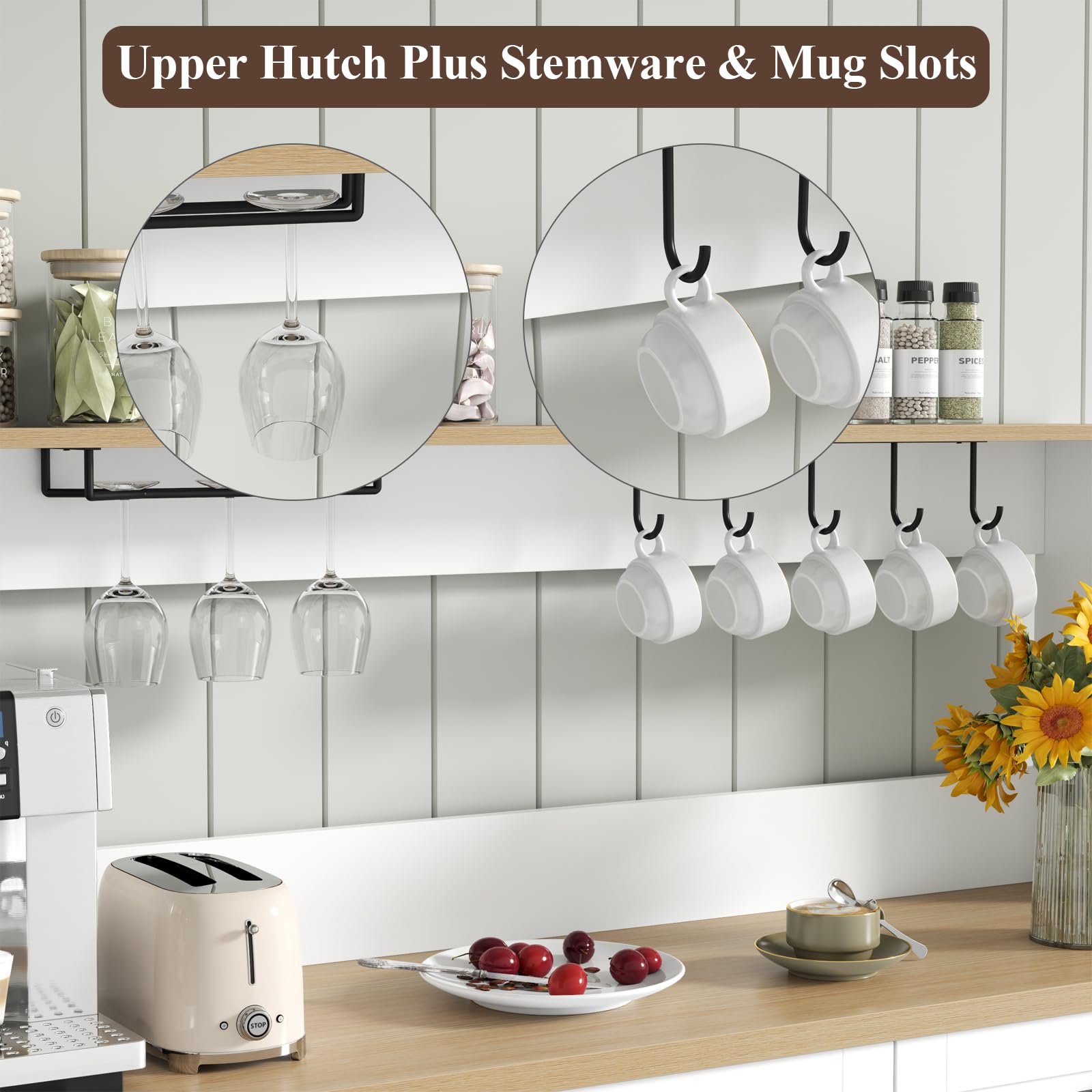 White Farmhouse Bar Cabinet with Hutch, Buffet Storage Unit with 3 Drawers, Goblet Holder, Cup Hooks for Dining Room