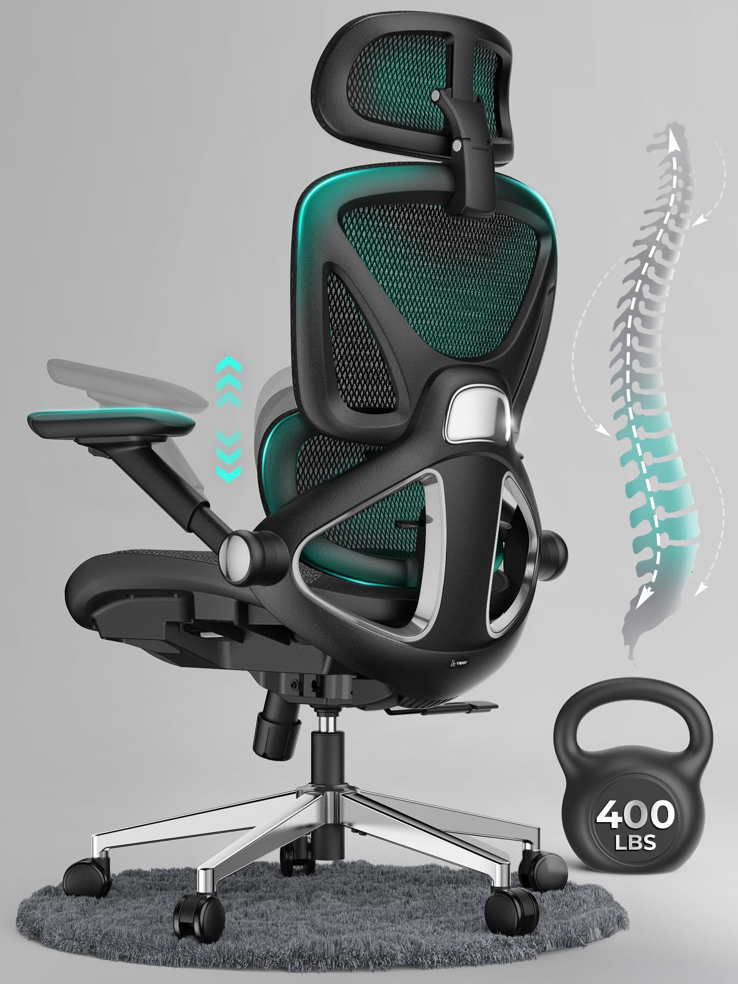 400lbs Ergonomic Mesh Office Chair, 4D Arms, 3D Headrest, Tilt Backrest & PU Wheels, Swivel Desk Chair, Black