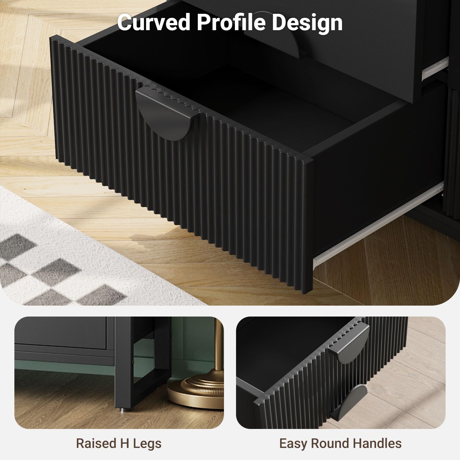 50" Fluted Black Dresser – Modern 8-Drawer Bedroom Chest with Curved Profile, Round Handles & Raised H-Legs